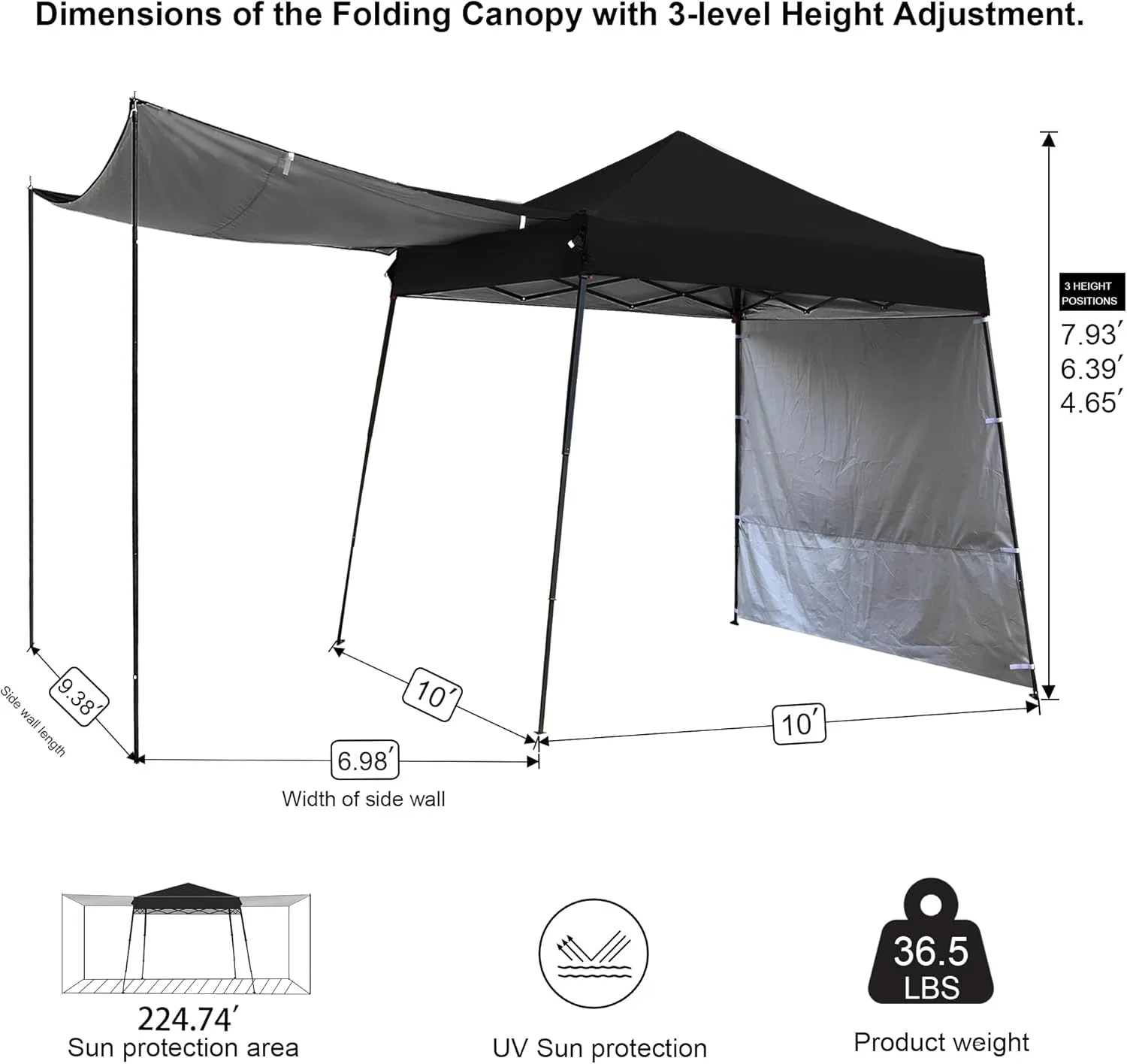 10'X10' Canopy Tent,8'X8' Top,Instant Pop Up Canopy w/2 Sidewalls,4 Support Rods,Adjustable Slant Legs,Portable Sun Shade for Garden,Black