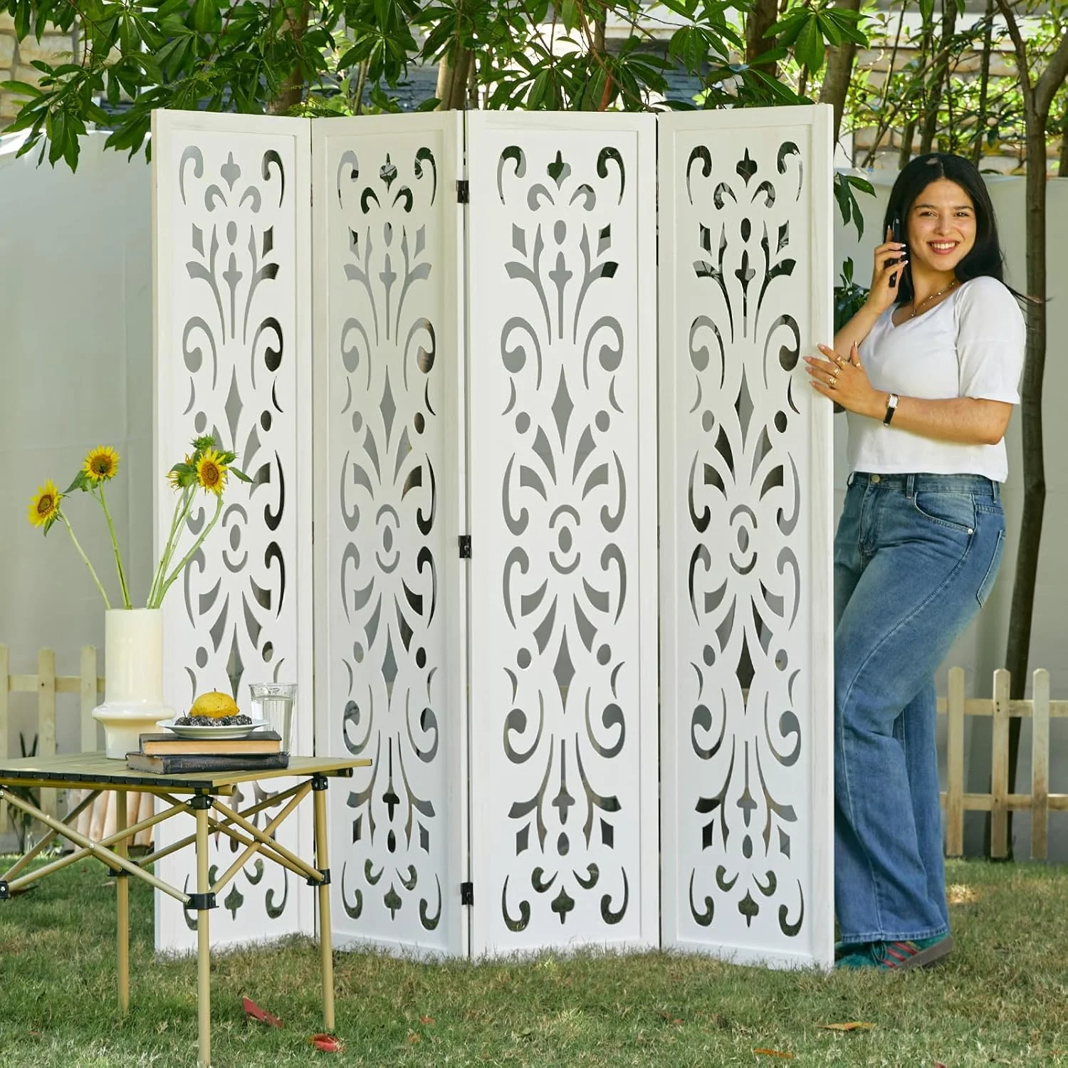 5.6Ft Room Divider Folding Wood Classical Carved Partition Screen for Home Office Garden 4 Panels (White)(4 Panels/White Exotic) - Image 5