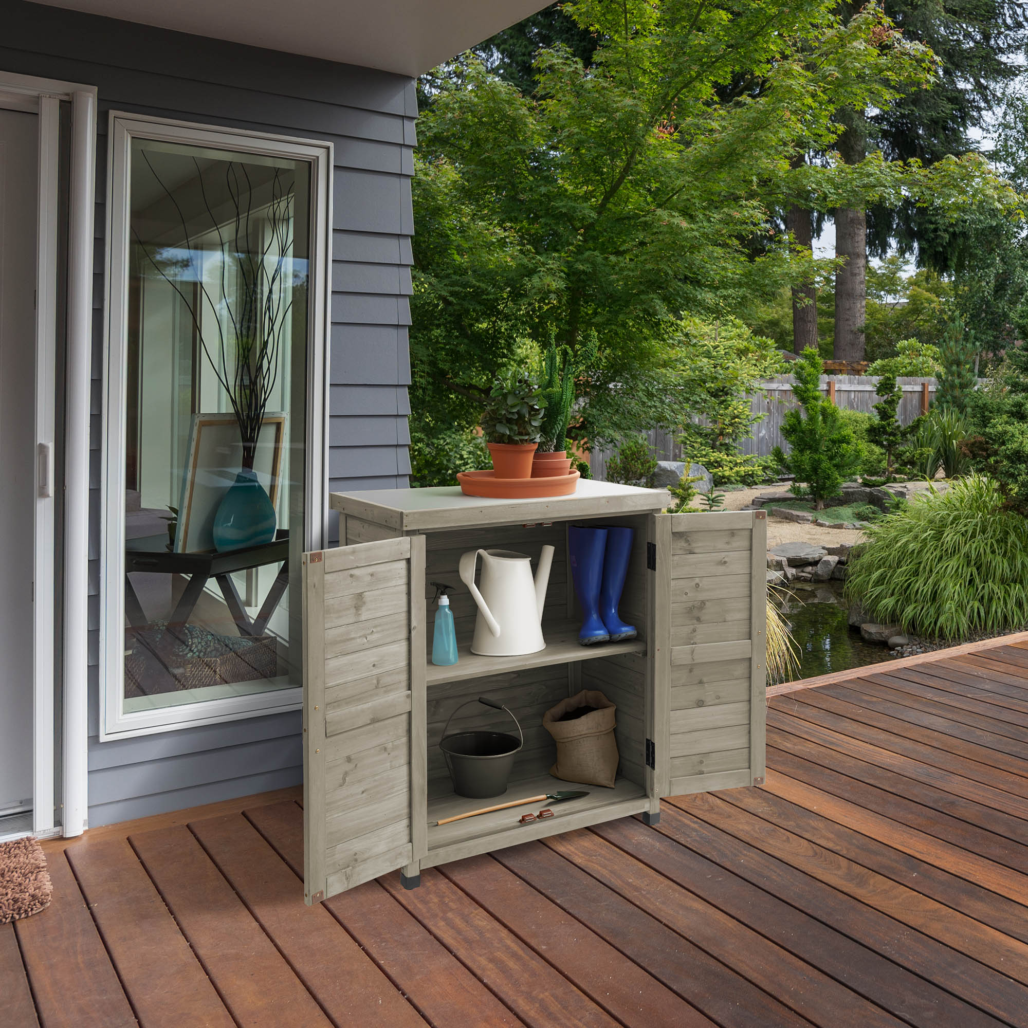 Outdoor Storage Cabinet and Potting Bench with Metal Tabletop and Storage Cabinet Wooden Outdoor Garden Patio Workstation Table, Gray(Gray) Image 5