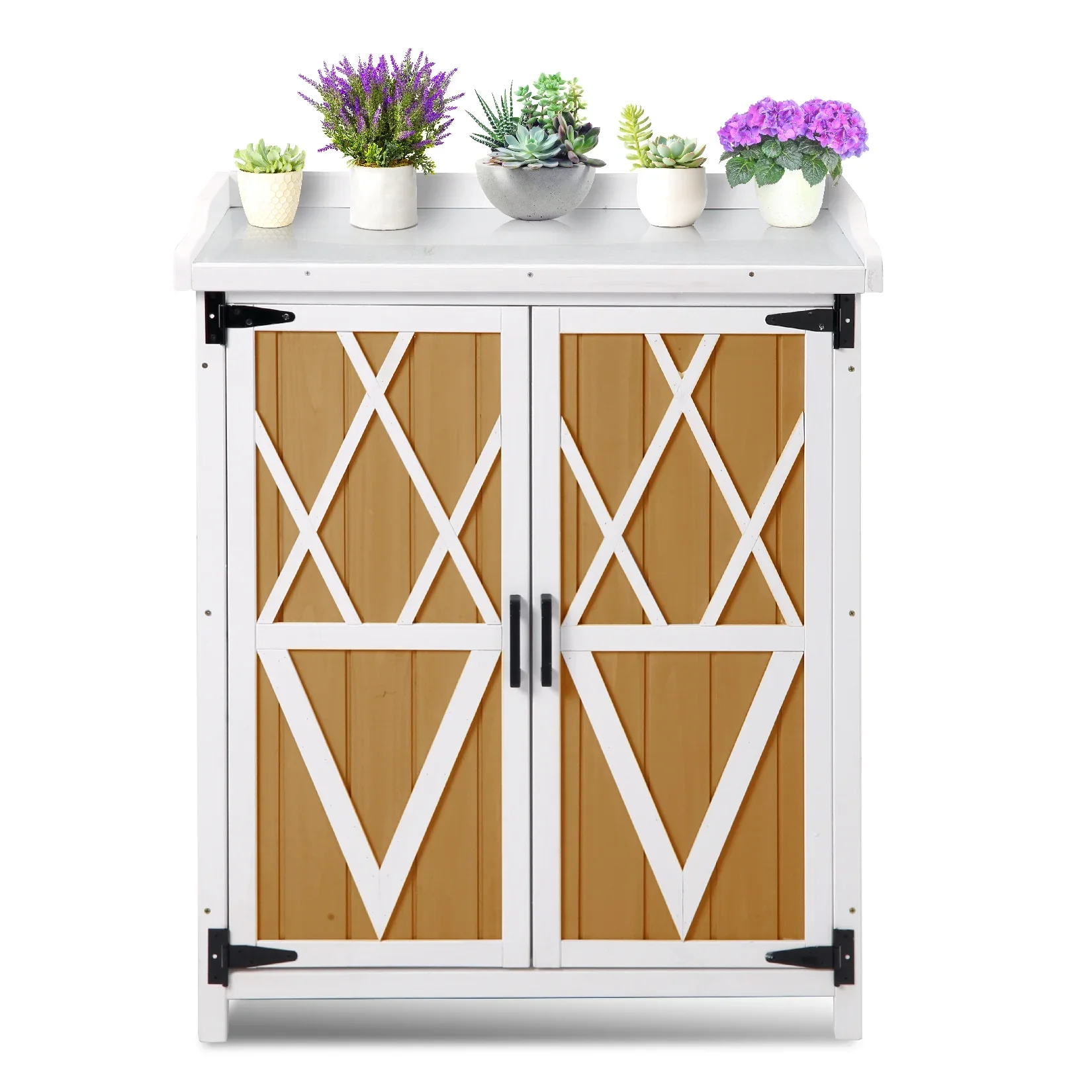 Garvee Potting Bench Table with Galvanized Metal Tabletop, Weatherproof Outdoor Storage Cabinet with Adjustable Shelves, Wood Gardening Table Workstation for Yard Patio Lawn, White+Natural