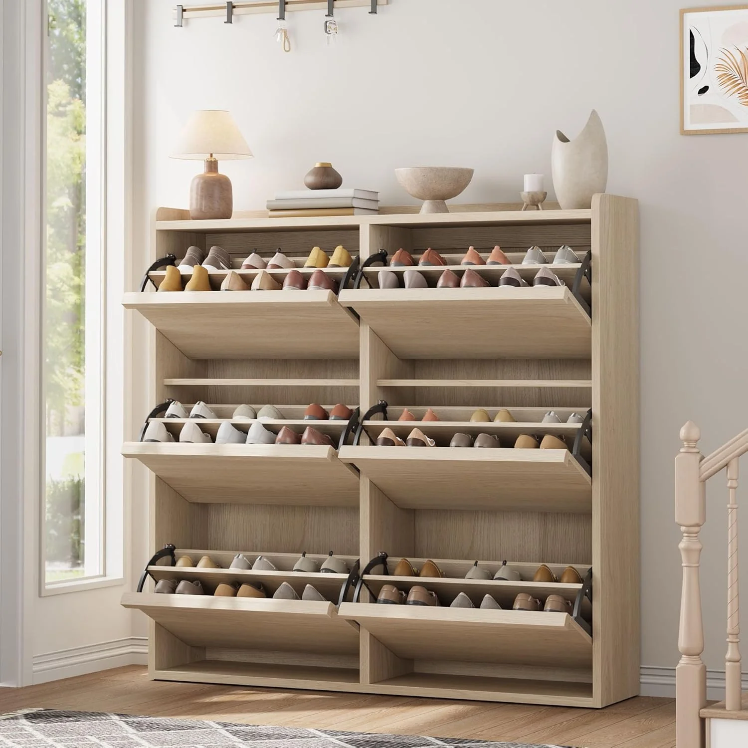 Meuble à chaussures GarveeHome avec 3 tiroirs rabattables, meuble de rangement en bois pour chaussures, rangement dissimulé