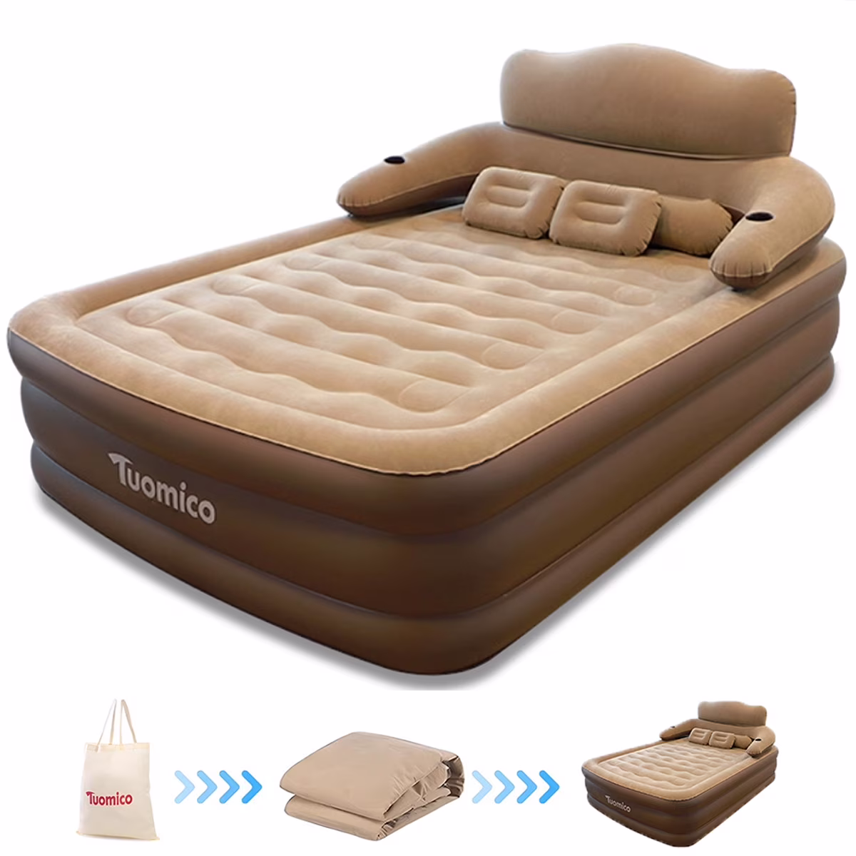 18in Queen Air Mattress with Headboard, Inflatable Mattress Airbed for Camping(coffee)