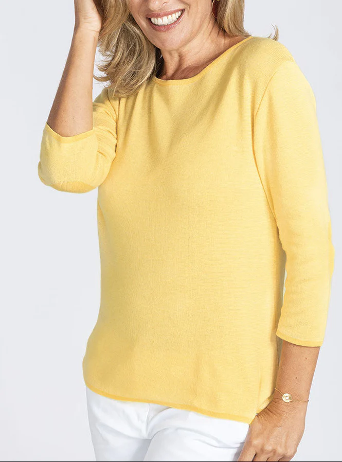 Pull femme en coton col rond jaune