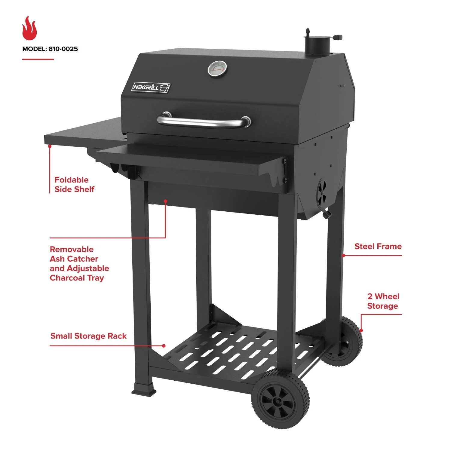22" Charcoal Grill with Table Cart and Side Table, 358 SQ In Grate, Adjustable Air Vents, Integrated Temperature Gauge, Mobile Cart Barbecue Grill for Camping, Picnics, and More 810-0026HC(Charcoal Kettle Grill with Table Cart) - Image 10