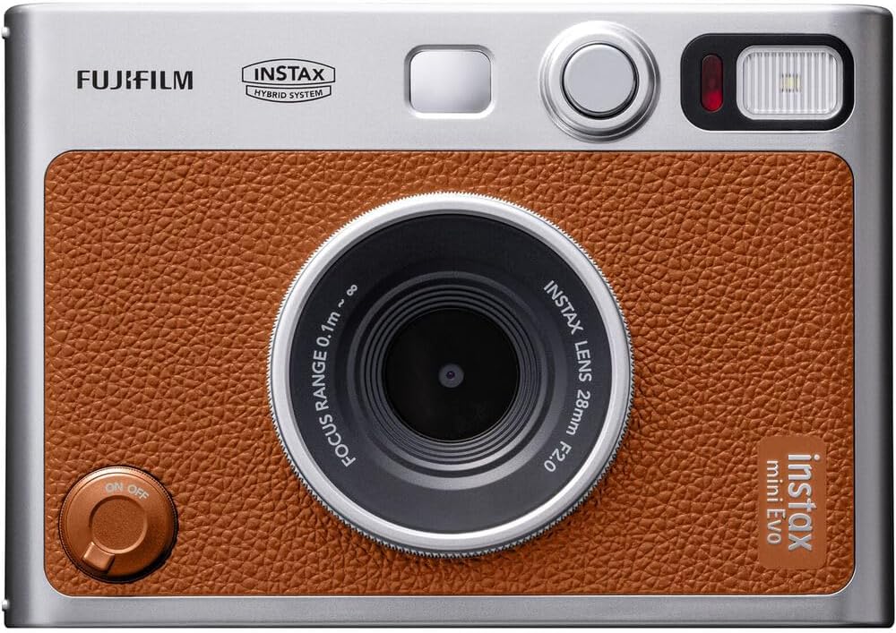 FUJIFILM INSTAX MINI EVO Hybrid Instant Camera (Brown) Bundle with Fuji Instax-Mini-Instant Film Value Pack (20 Sheets) + 32GB Memory Card + Carrying Case + Photo Album 64 Pockets + Cleaning Cloth