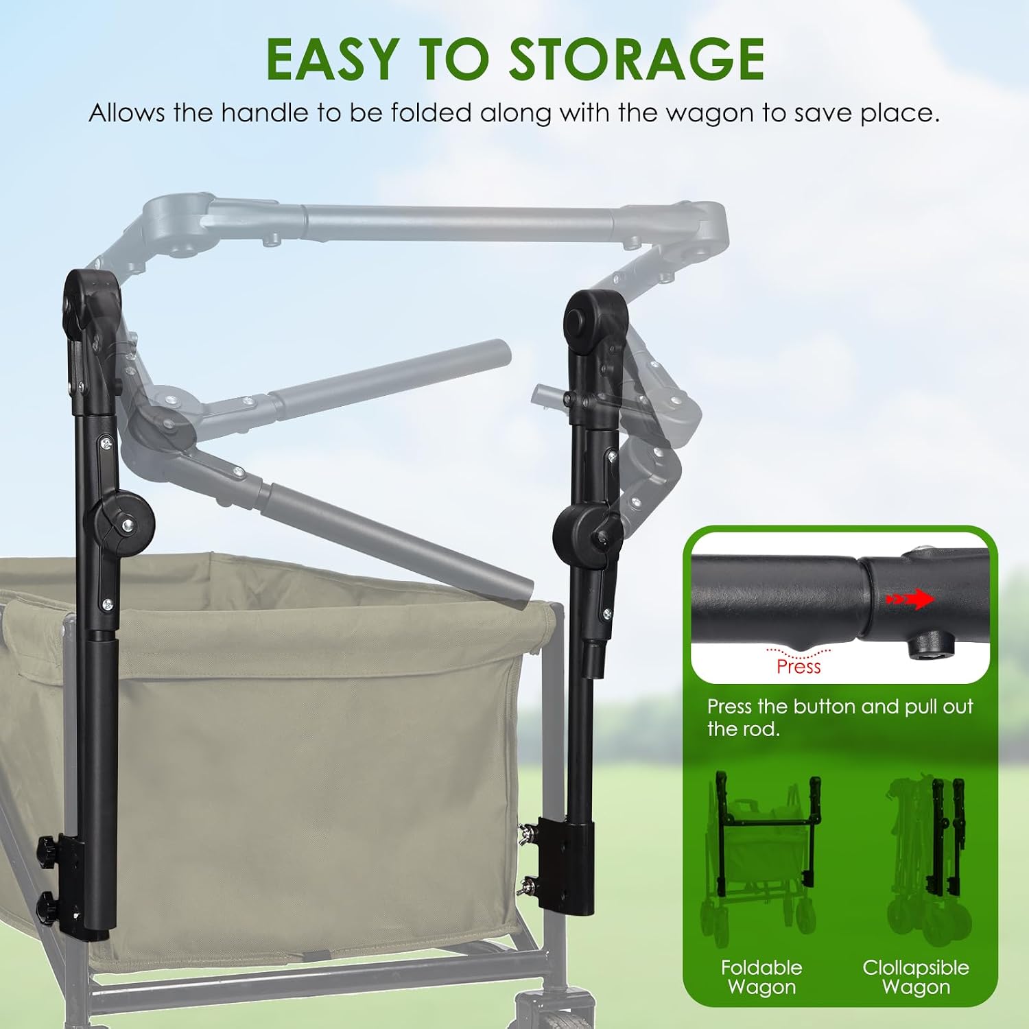 Wagon Push Handle with Hook and Loop Strips, Fits Round/Square Frame Wagons