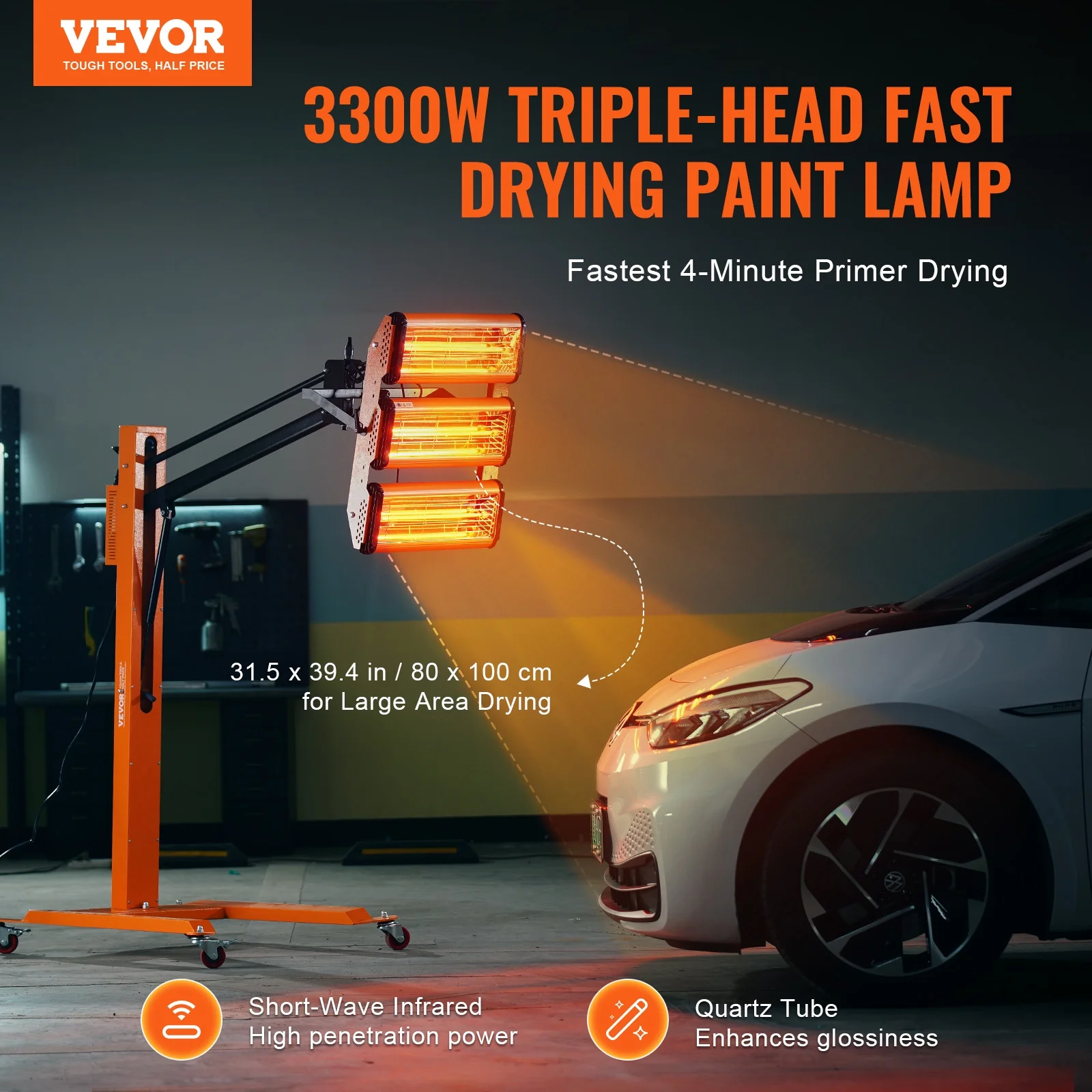 VEVOR Infrared Curing Lamp, 3300W 1 - 60 Min Timing, Auto Heating Car Curing Light with Bracket, 8.61 Sq.ft Baking Area Spray Baking Booth Heaters, Paint Dryer for on - Site Repair, Engine Drying