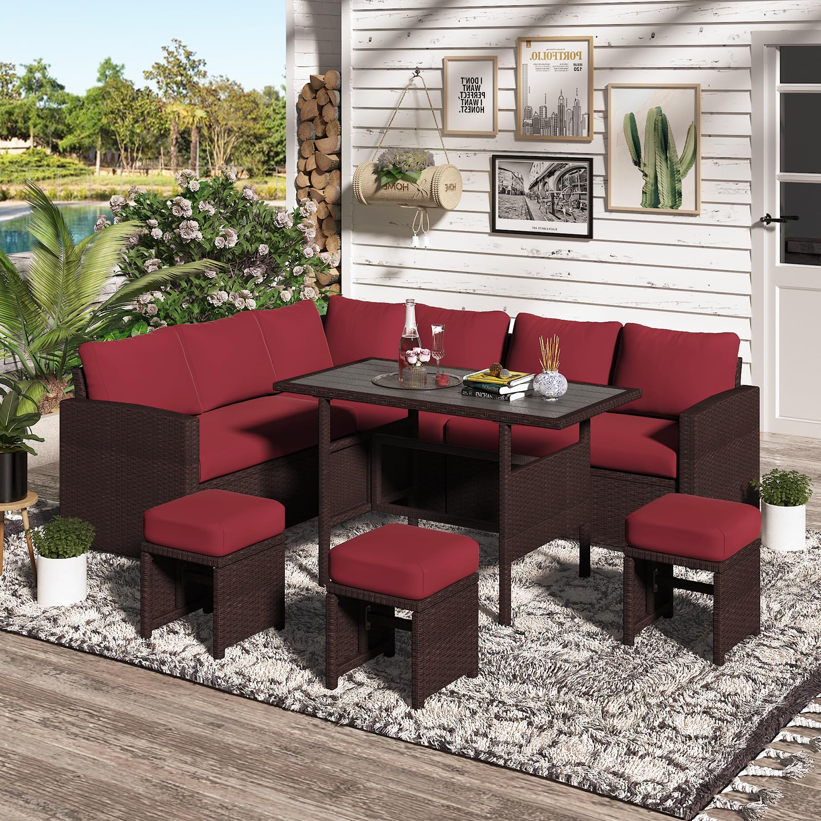 AECOJOY 7 Pieces Outdoor Wicker Rattan Furniture Set, Brown & Wine Red