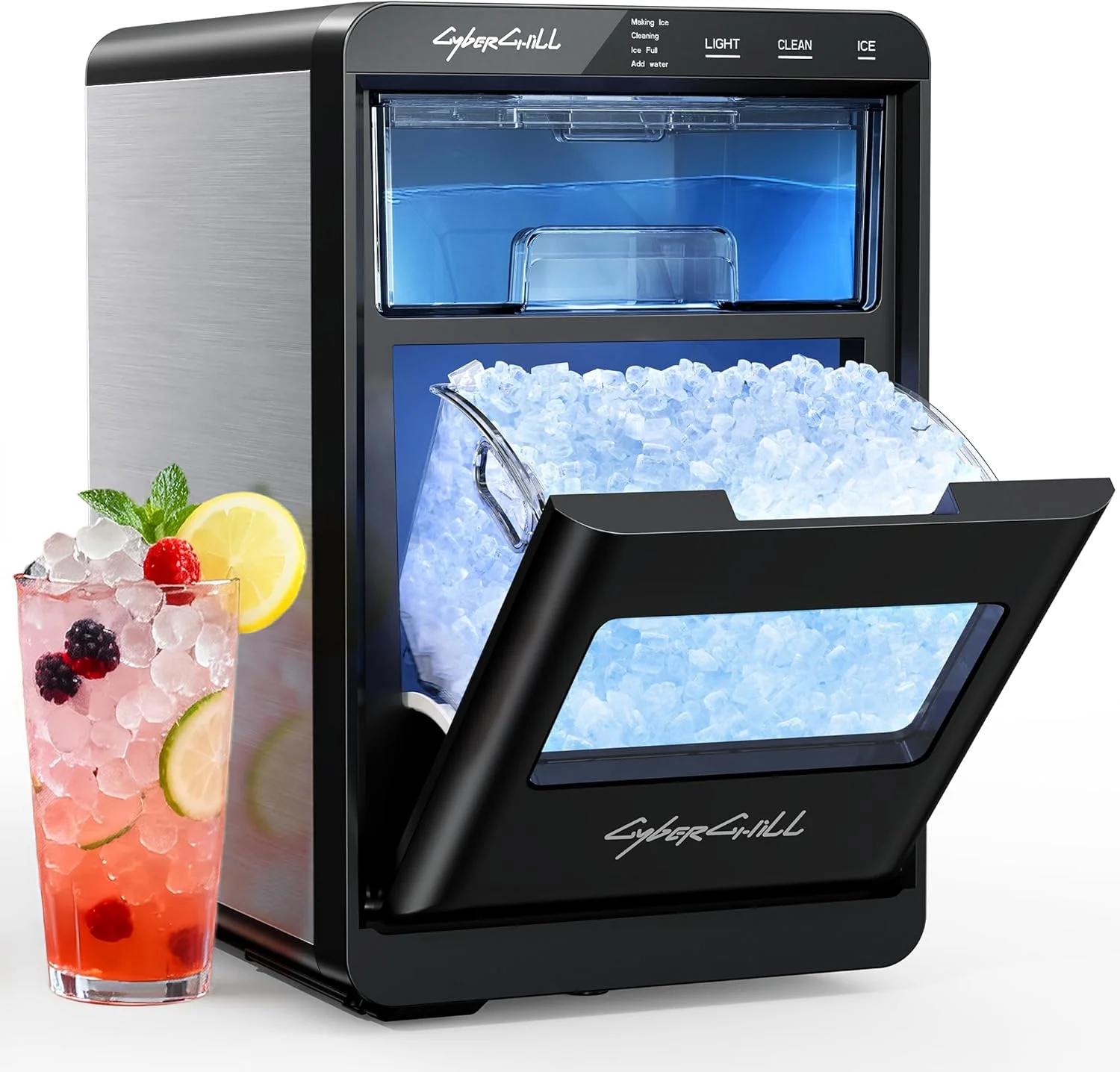 Machine à glaçons CyberChill Nugget, 20 kg par jour, production de glaçons Pebble Sonic, réservoir d'eau amovible autonettoyant, fenêtre transparente, idéale pour la maison, la cuisine ou le bureau.