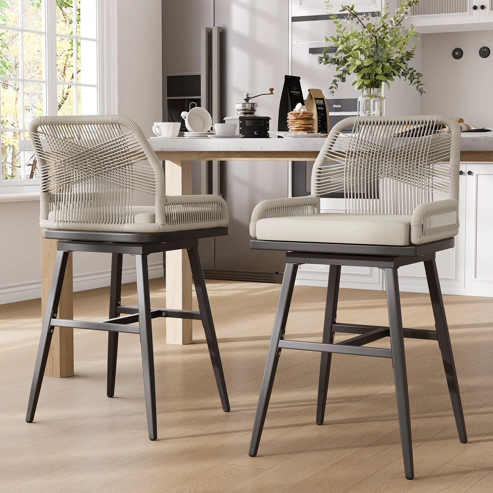 MEISSALIVVE Set of 2 Rattan Swivel Bar Stools, 26 Counter Height with Woven Rope Back, Cushioned Patio Bar Chairs for Kitchen, Garden, Beige