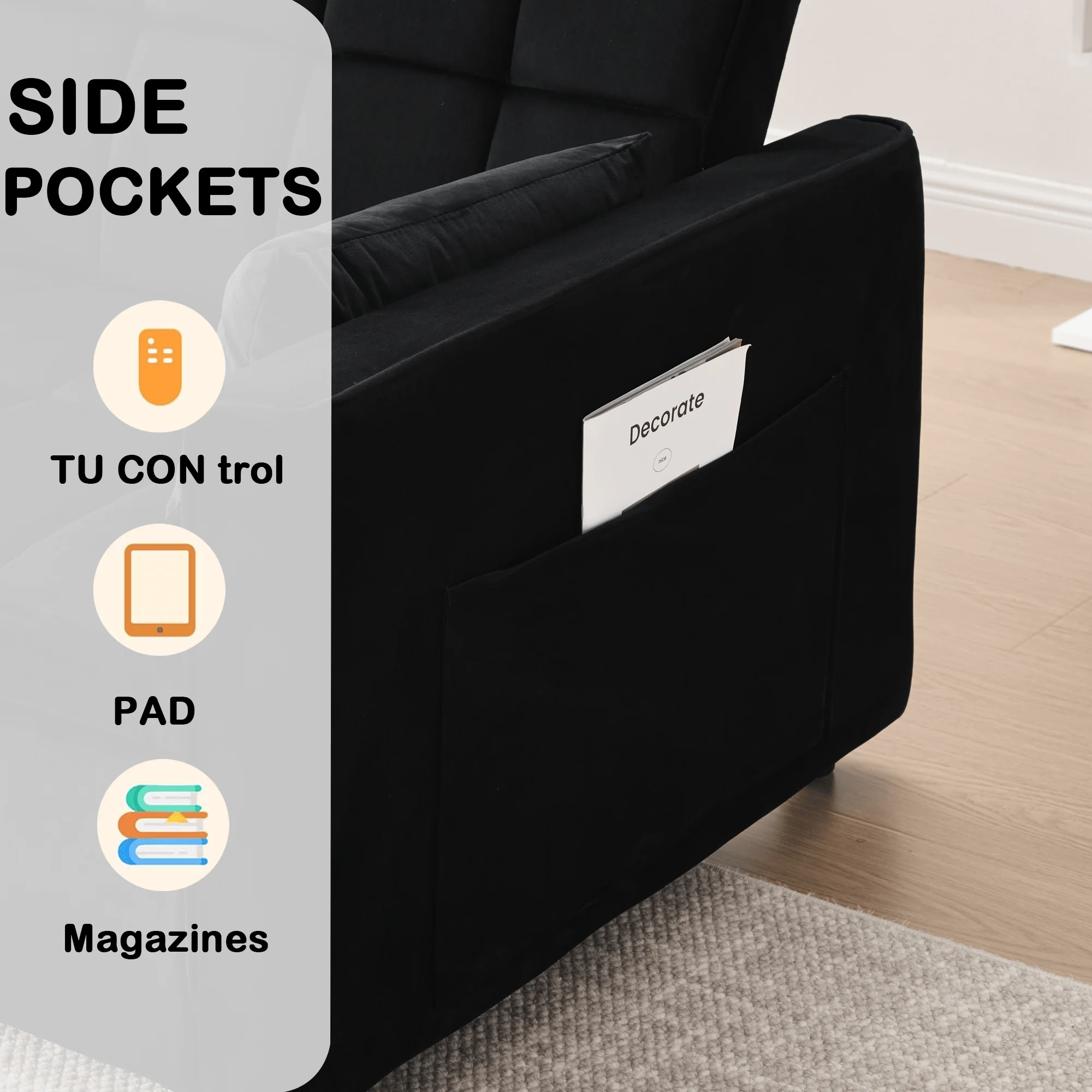 3-in-1 Convertible Sofa Bed �C USB Charging, Adjustable Backrest Pull-Out Couch Loveseat Sleeper for Living Room, Apartment Small Space,Black(Black-USB Charging Port) - Image 10