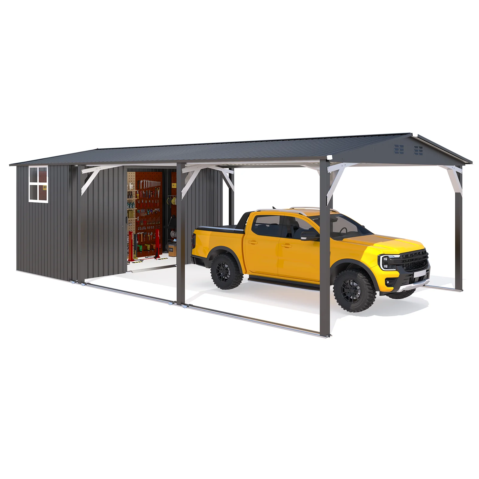 AECOJOY 12x22 Metal Carport with Storage Sheds, Outdoor 12' x 17' Portable Garage Gazebo RV Car Tent with 12' x 6' Storage Sheds