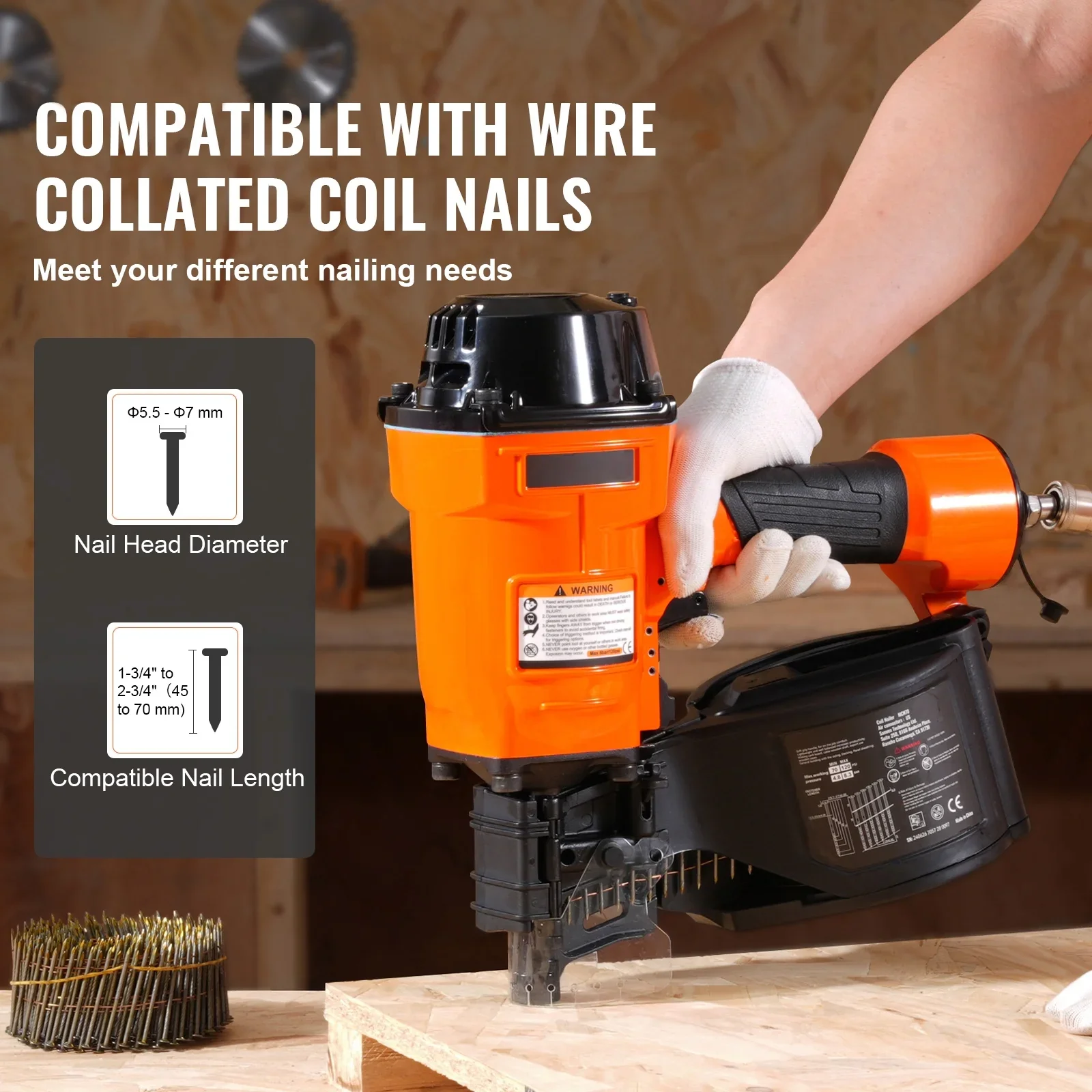KFFKFF Pneumatic Coil Siding Nailer MCN70, Compatible with 1-3/4 to 2-3/4 Nails, 15 Degree Angle, 70-120PSI, Ideal for Pallets, Crates, Frames, Siding & Fences