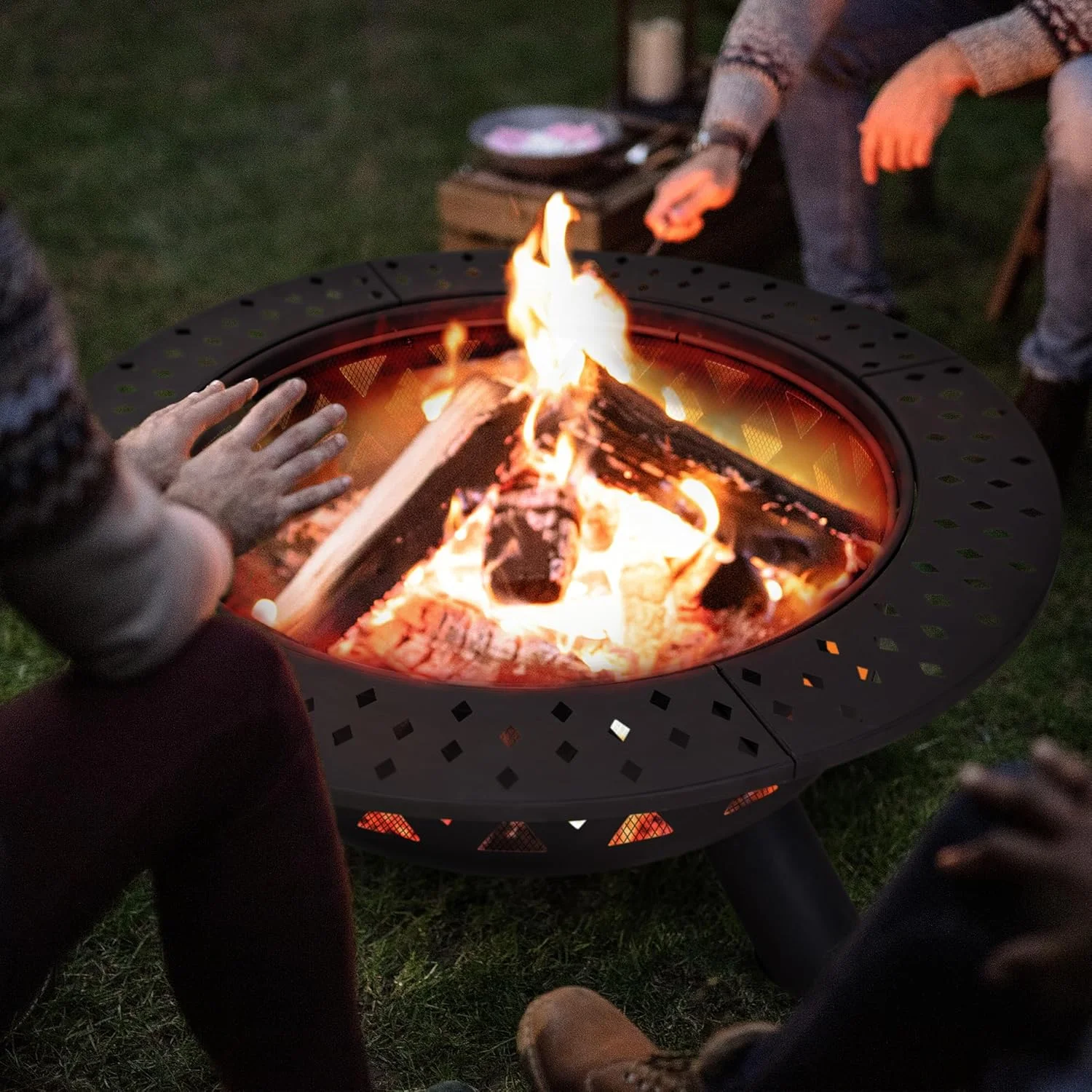 42" Large Outside Fire Pit, Round Fire Pit Wood Burning with Widened Tabletop, Spark Screen, Fire Poker, Phombus Pattern(42' Phombus Pattern) - Image 8