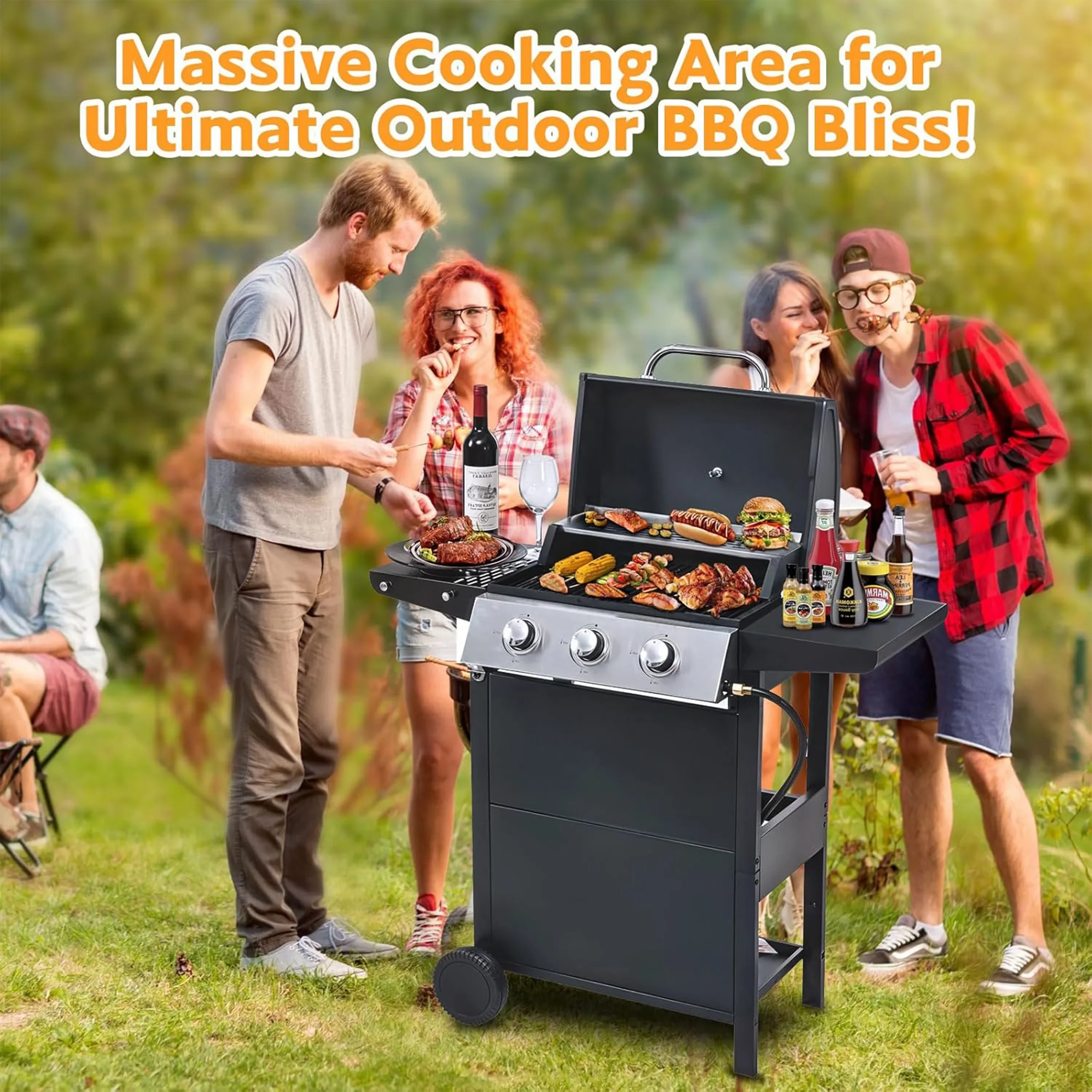Furnibear 4 Burner BBQ Propane Gas Grill, Stainless Steel 34,000 BTU Patio Garden Barbecue Grill with Two Foldable Shelves