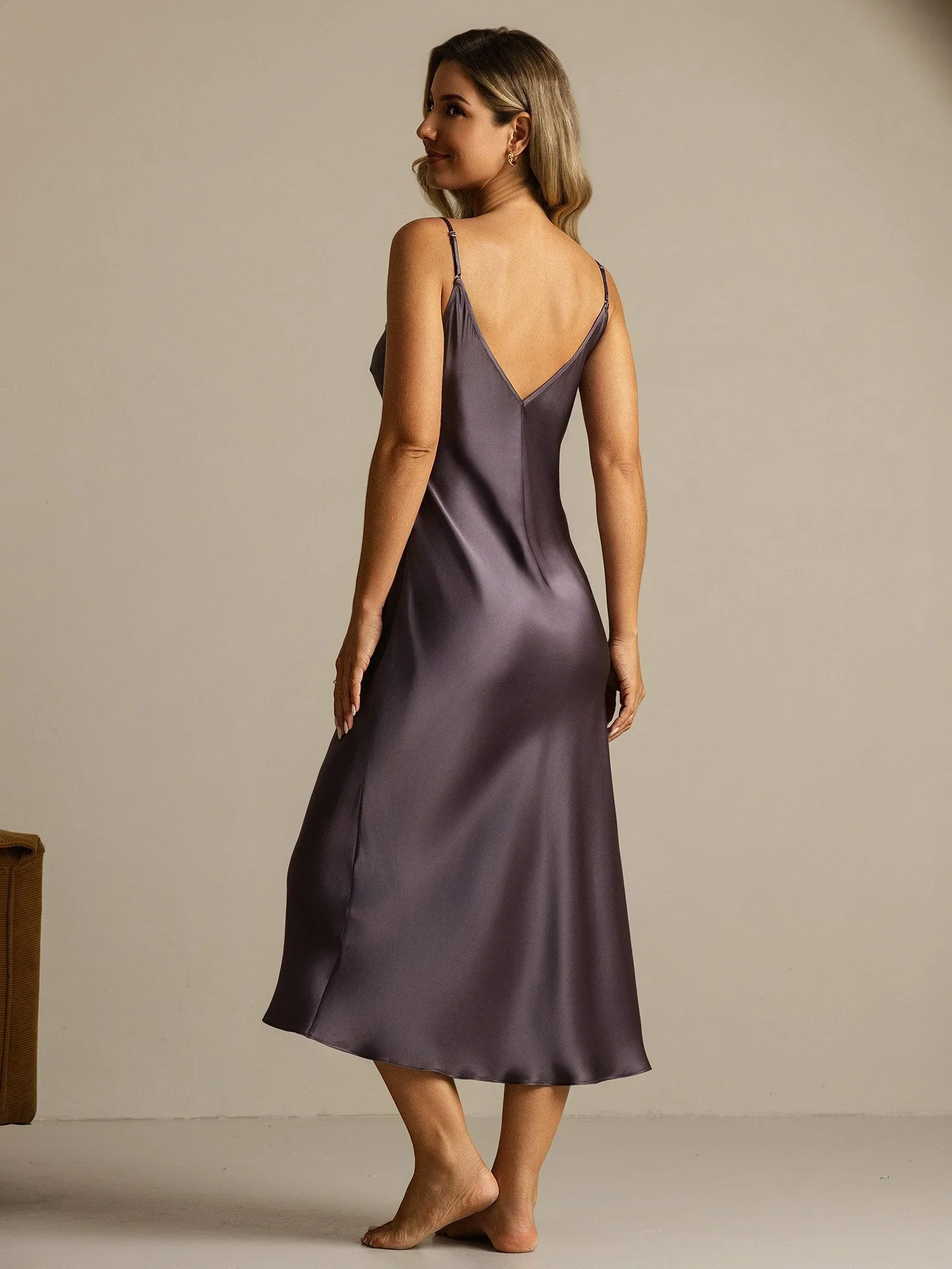 Pure Silk Spaghetti Strap Long Nightgown with Lace Split Design