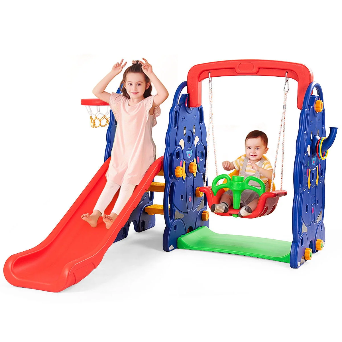 3 in 1 Junior Children Climber Slide Swing Seat Basketball Hoop Playset Backyard