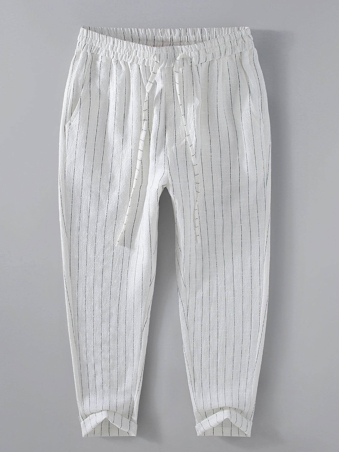 Pantalon court rayé en lin et coton mélangés