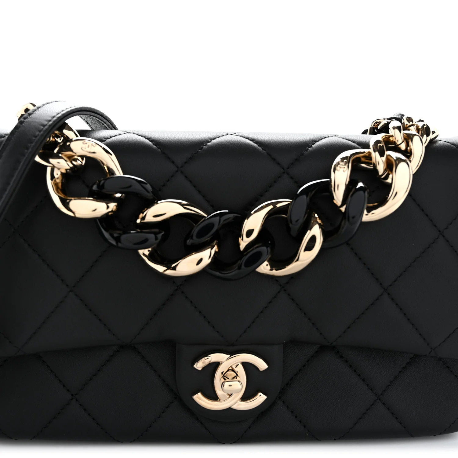 Lambskin Quilted Resin Bi-Color Chain Flap Bag Black