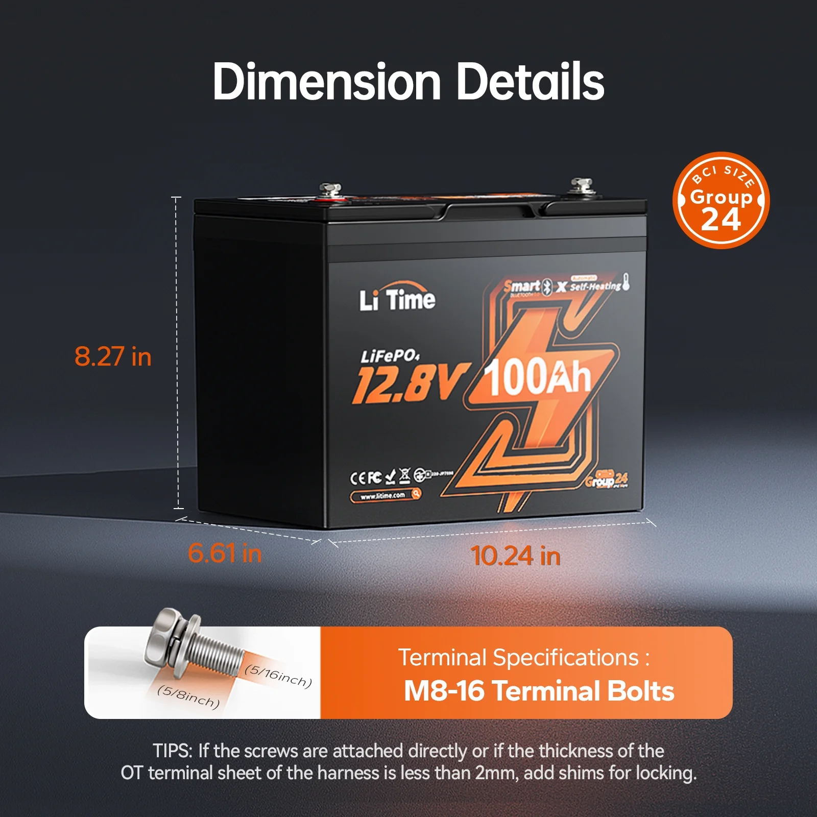 LiTime 12V 100Ah Group 24 Bluetooth LiFePO4 Lithium Deep Cycle Battery with Self Heating