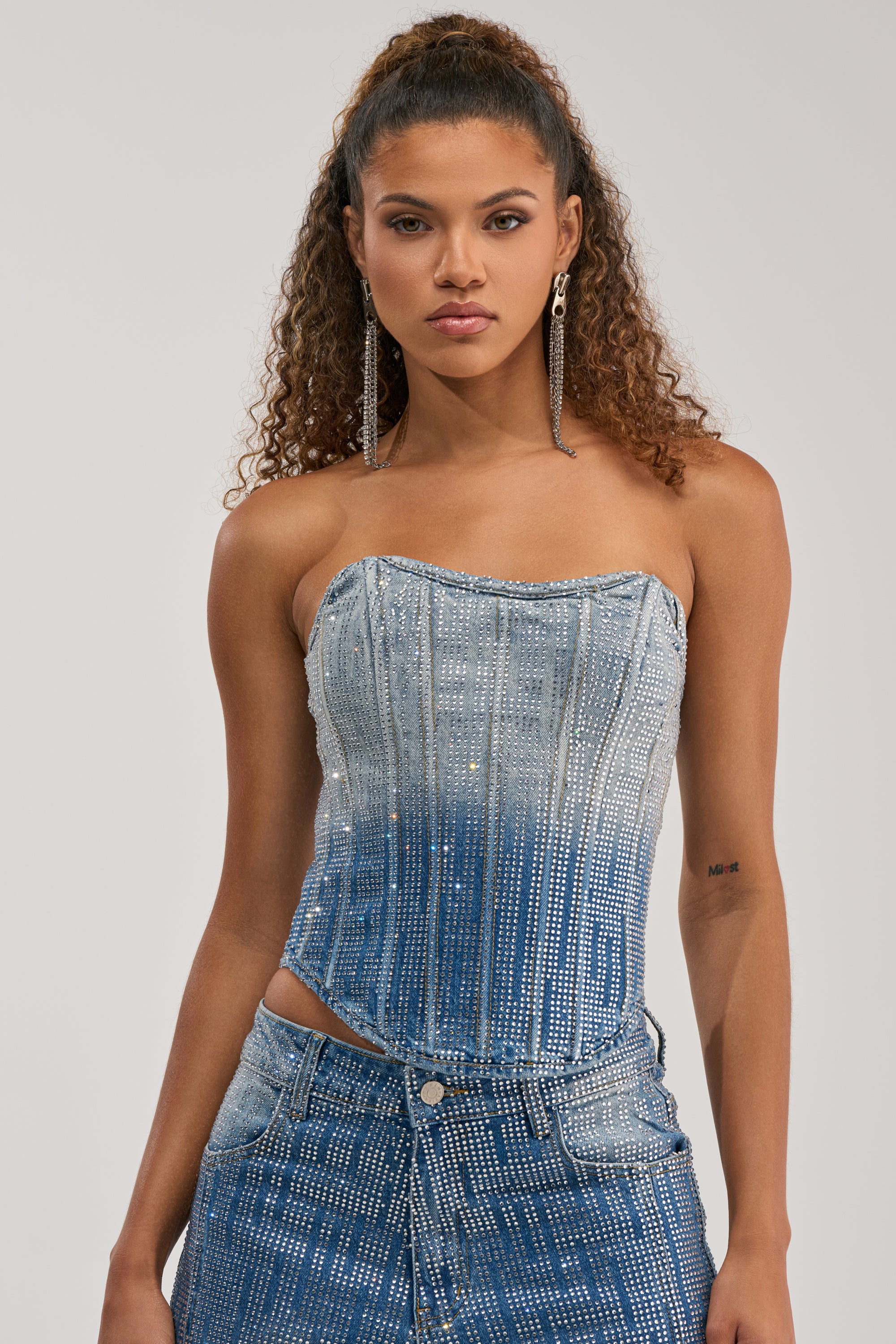 MIND SPINNING EMBELLISHED DENIM CORSET - Akira Store