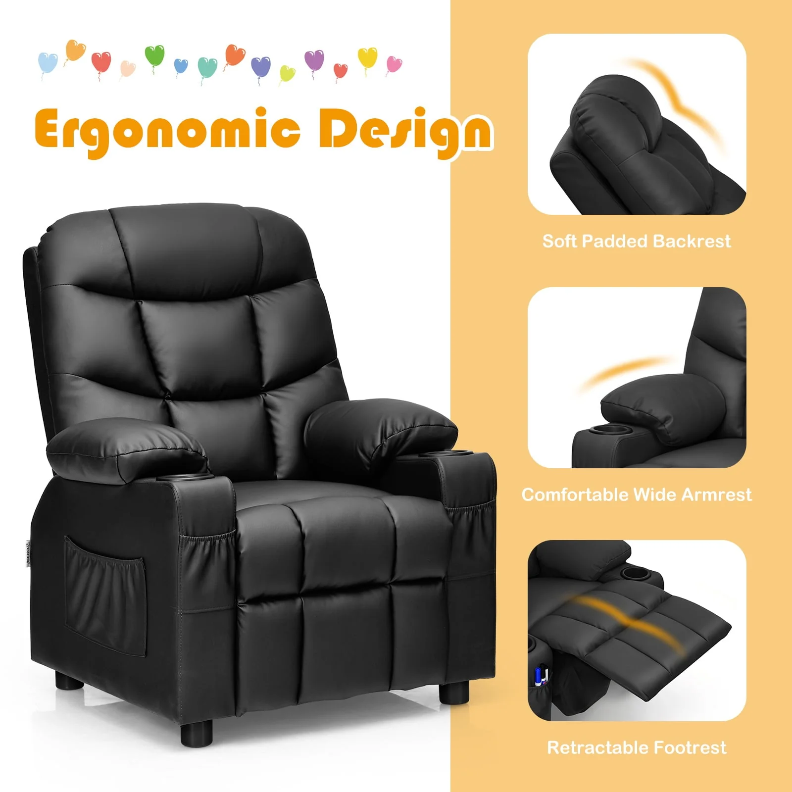 Infans Kids Youth Recliner Chair PU Leather W/Cup Holders & Side Pockets Black