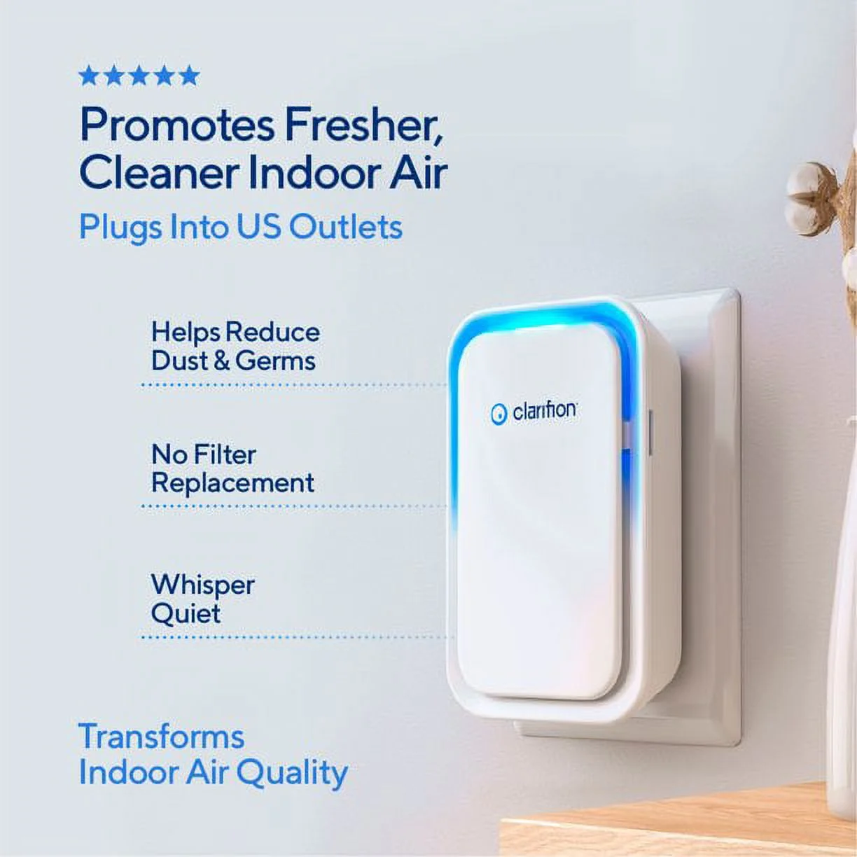 Clarifion - Negative Ion Generator with Highest Output (6 Units) Filterless Mobile Ionizer, Plug in, Eliminates: Smoke, Viruses, Allergens & More
