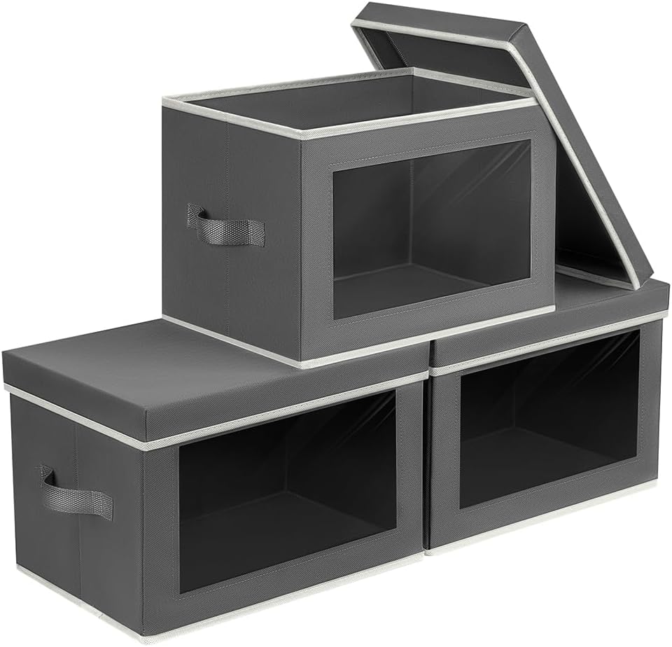 Homsorout Storage Bins with Lids - Fabric Storage Boxes with Window, Collapsible Closet Organizers with Handles, 3 Pack Decorative Bins, Home Cube Baskets for Clothes, Hats, Books, Dark Grey