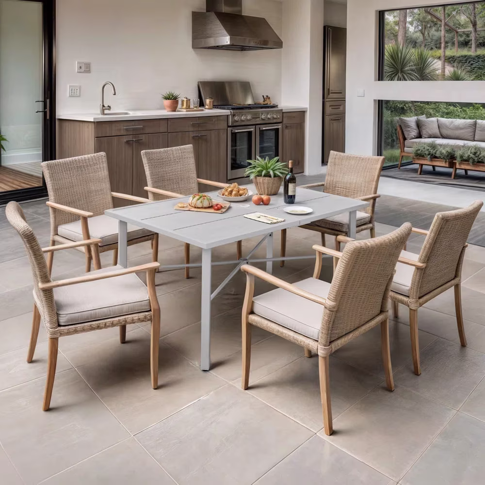 Dextrus Spacious Gray Rectangular Dining Table for 6 Individuals, Outdoor 59  Patio Dining Table with 2 Umbrella Opening, Ideal for Backyards, Lawns, and Gardens