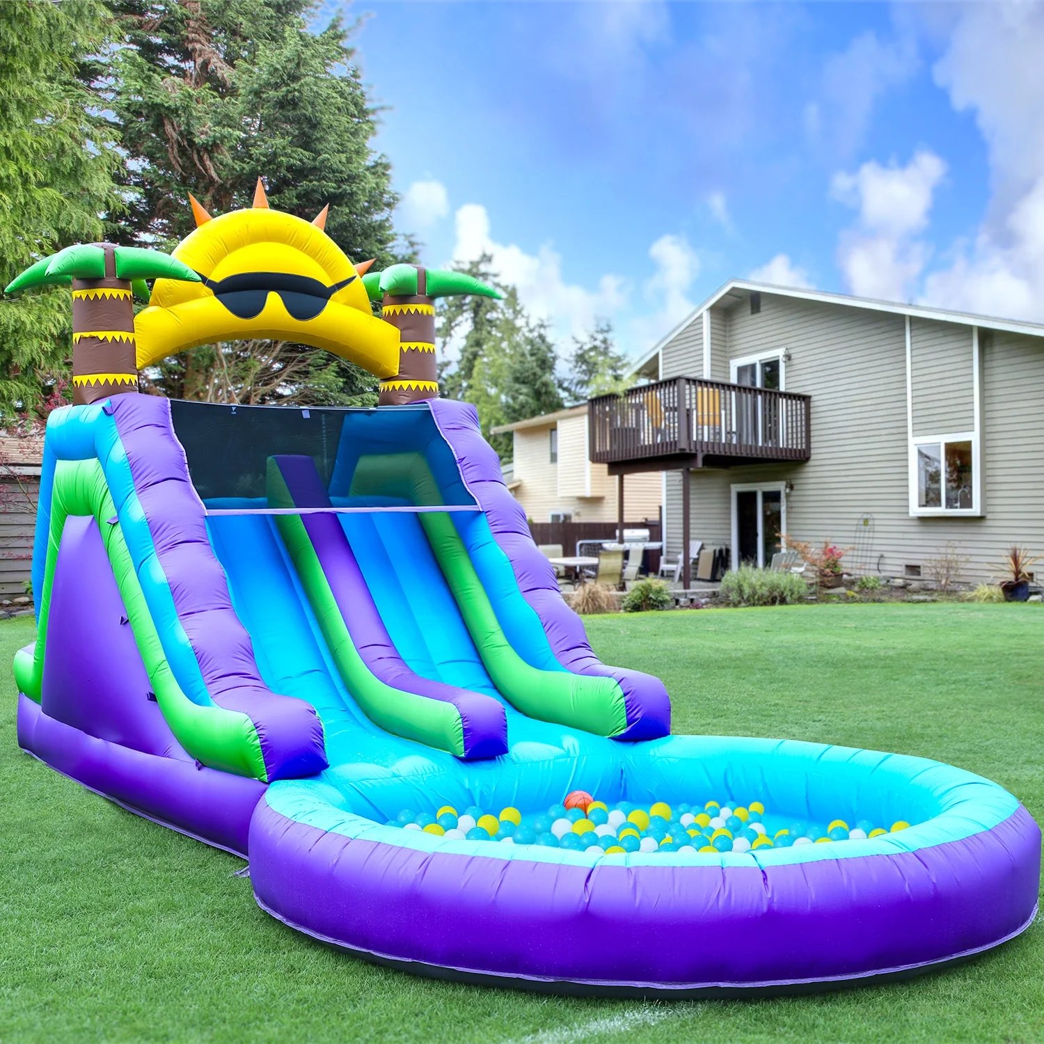 26FT Inflatable Double Water Slide for Kids Adults, PVC Inflatable Water Park with Blower, Giant Splash Pool for Backyard Outdoor Fun, 26'L x 12'W x 14'H(26x12x14FT/Multicolour) Image 4