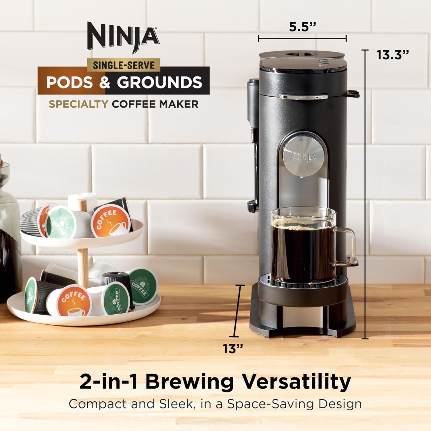 Ninja Single Serve Coffee Maker - Combo Machine, K-Cup Pods and Grounds| 4 Brewing Styles, up to 24 Oz Cup Sizes, 56 Oz Removable Reservoir, Black, PB051