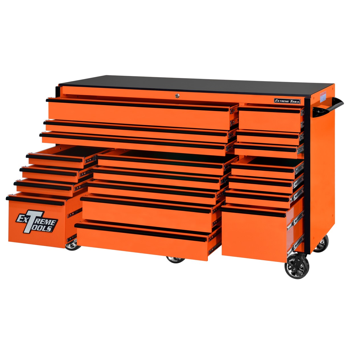 Servante d'atelier à roulettes Extreme Tools 72″ x 30″, 19 tiroirs avec glissières de 113 kg (250 lb), série RX 250