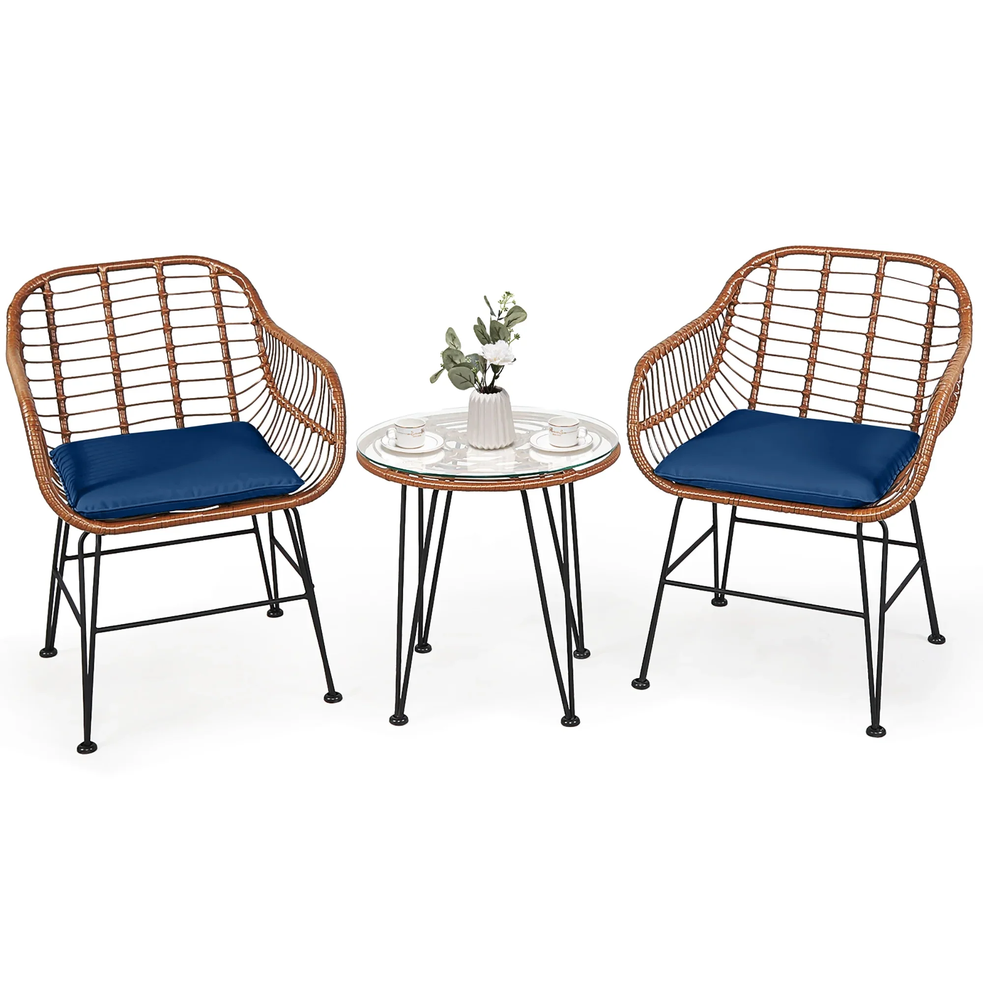 Costway 3PCS Patio Rattan Bistro Set Coffee Table Armchair Garden Red Cushion