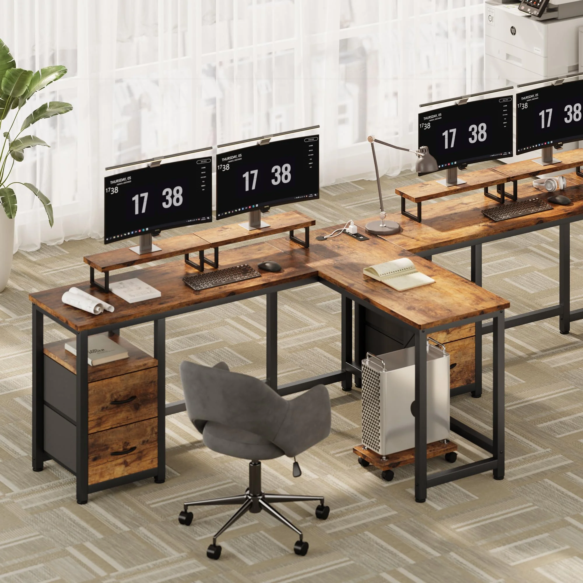 L Shaped Gaming Desk with Power Outlets, Computer Desk with Shelf and Drawers for Home /Office, Black(Black) - Image 9