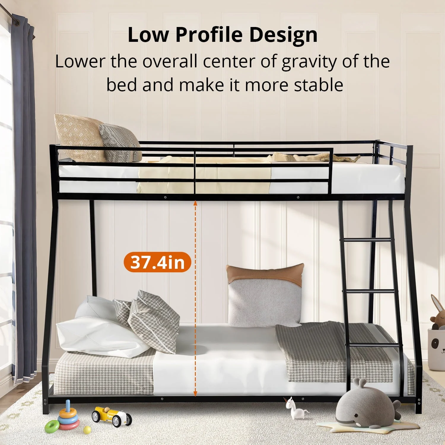 Twin over Full Bunk Bed, Metal Bunk Bed Frame, Noise Free Floor Bunk Beds with Guardrails Ladder for Kids Teens Adults, No Box Spring Needed, Black - Image 4