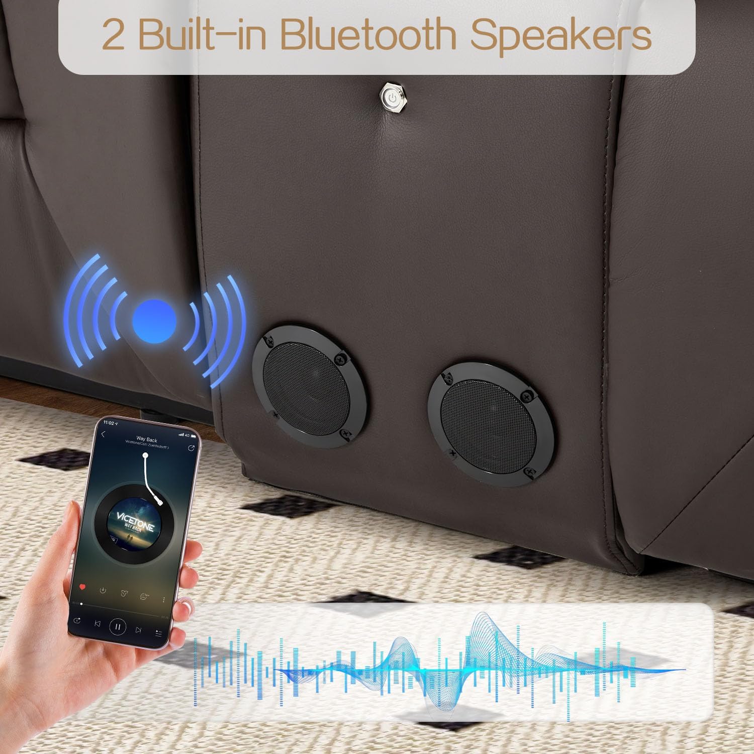 AECOJOY 3 Seater Recliner Sofa with Console&Bluetooth Speakers, Manual RV Sofa Couch, Brown