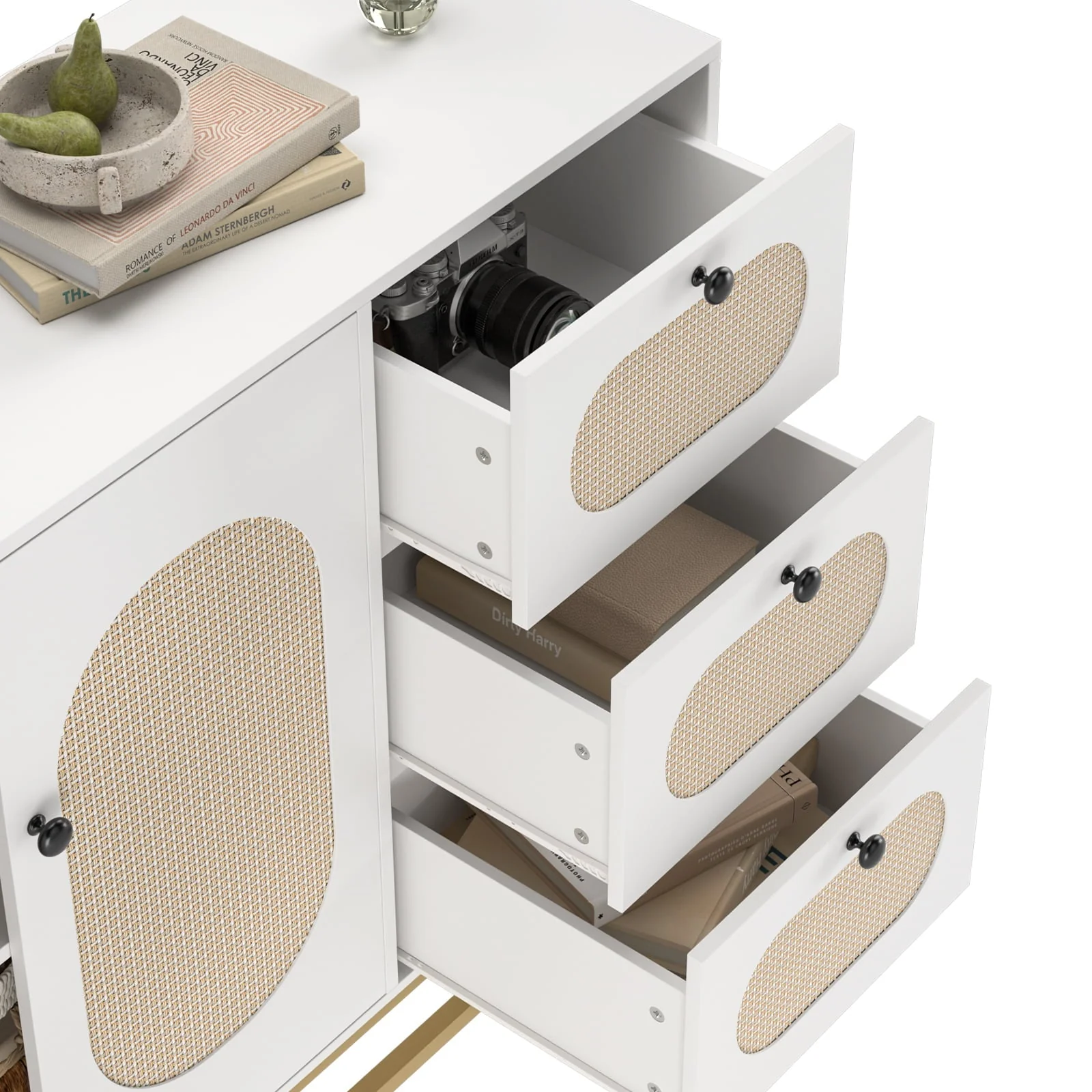 3 Drawers Accent Storage Cabinet, 34 2"H Gold Buffet Sideboard with Rattan Doors for Living Room, White Image 8