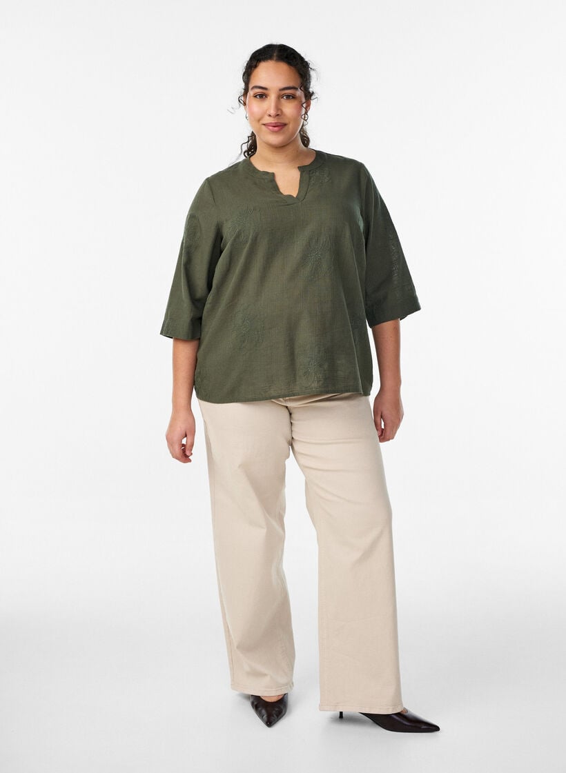 Zizzi Cotton blouse with embroidered details and 3/4 sleeves
