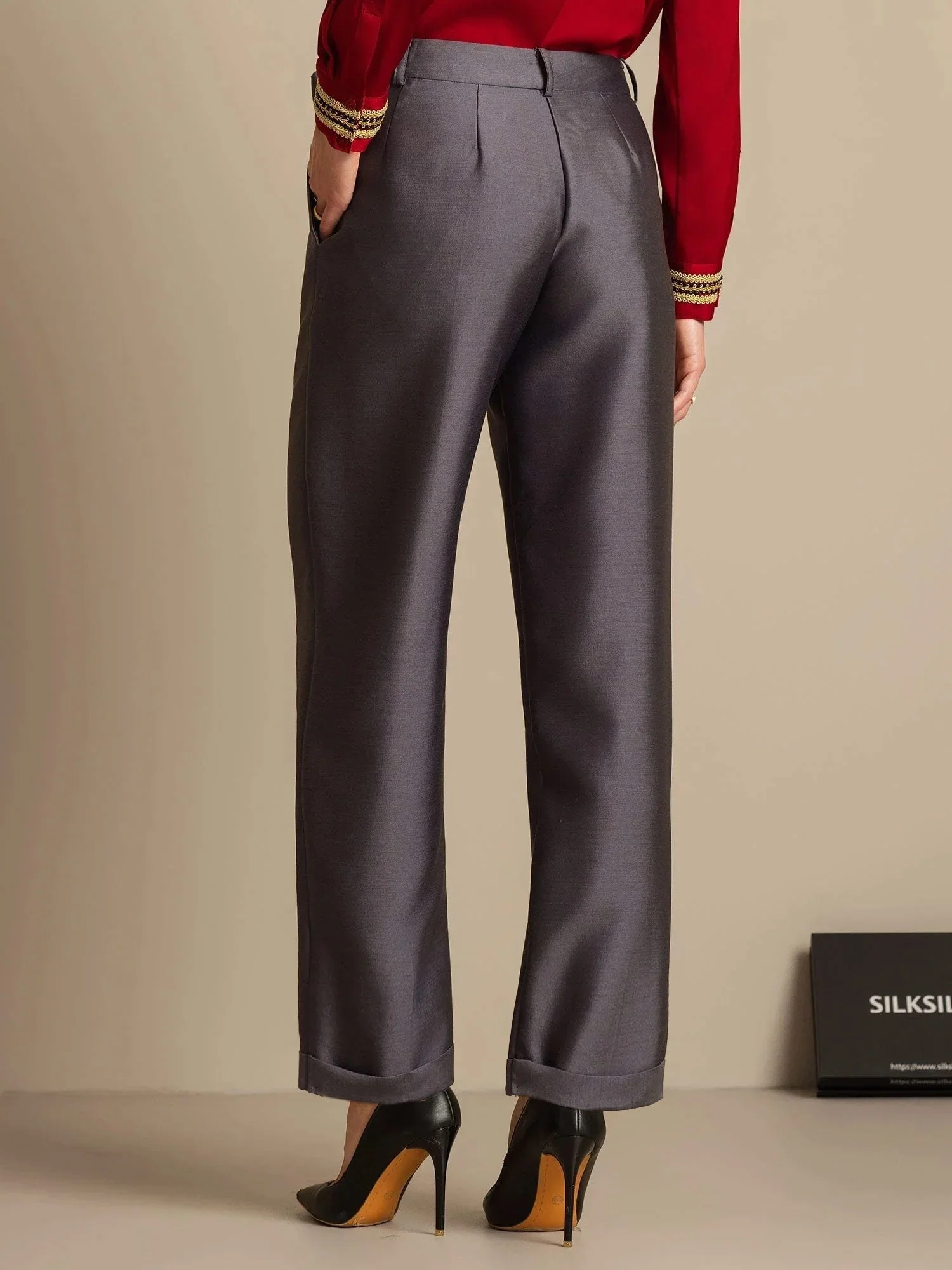 32Momme Silk-Wool Blend High Waist Tapered Cropped Women's Pants with Tie Waist Design