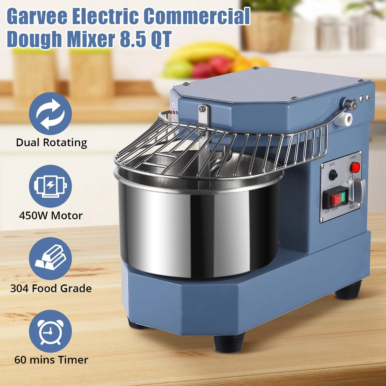 Mélangeur de cuisine professionnel 2025 8Qt, 450 W, double bol rotatif pour pétrir la pâte, avec couvercle de sécurité et minuterie.