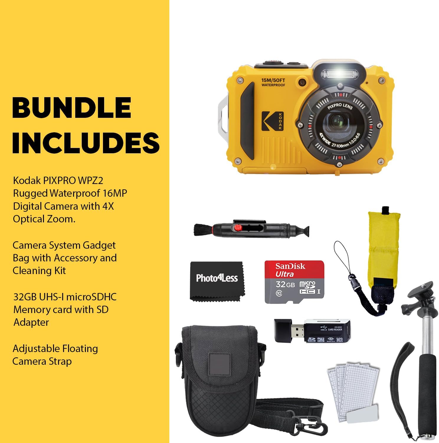 Kodak PIXPRO WPZ2 Rugged Waterproof Shockproof Digital Camera 16MP 4X Optical Zoom 1080P Full HD Video  2.7 LCD (Yellow)  32GB SD Card  Black Compact Case  Floating Strap  Bundle (7 Items)
