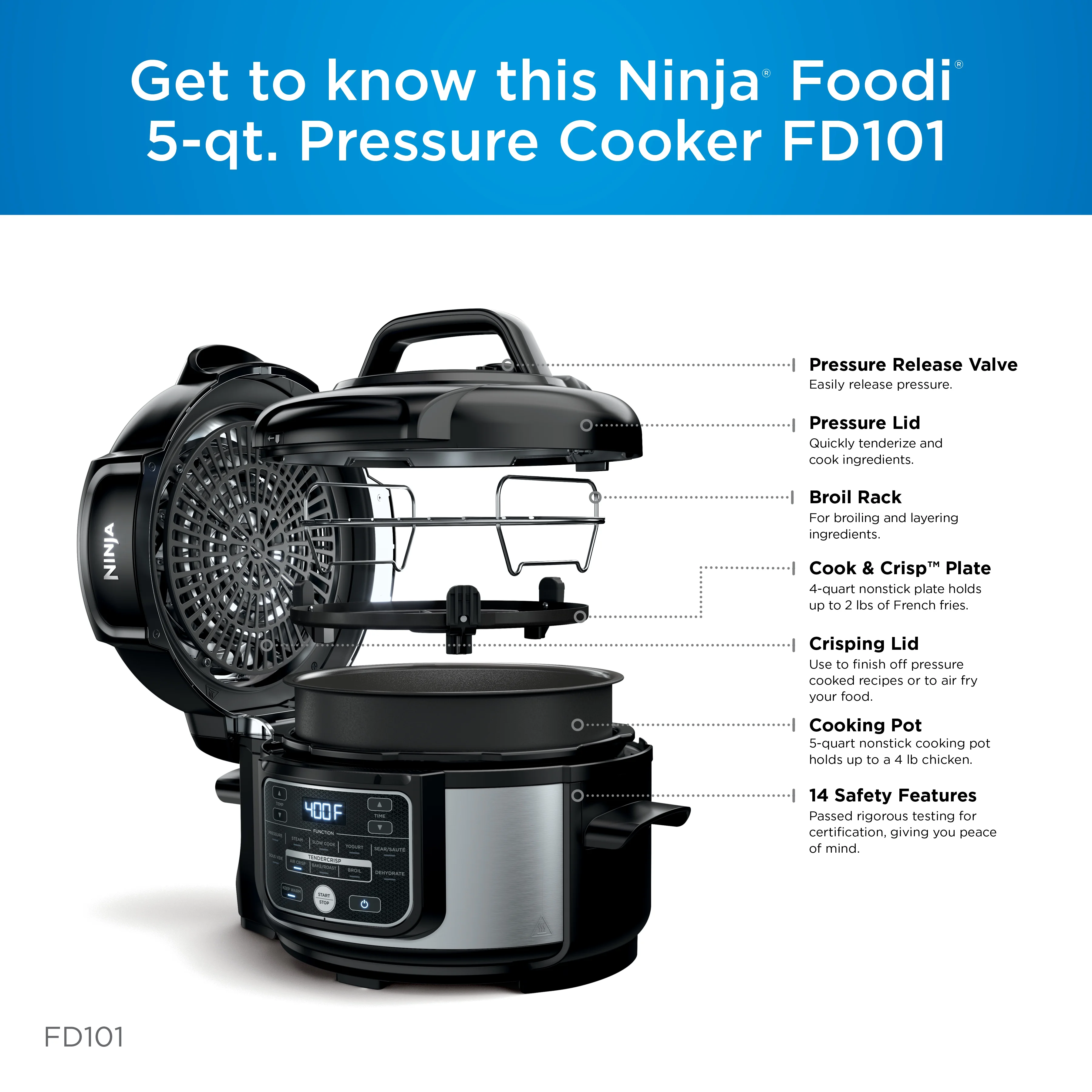 Ninja Foodi 10 - in - 1 5 Qt Pressure Cooker, Steamer, Bake, Broil, Dehydrate, Air Fryer, Non - Stick, FD101 Stainless Steel