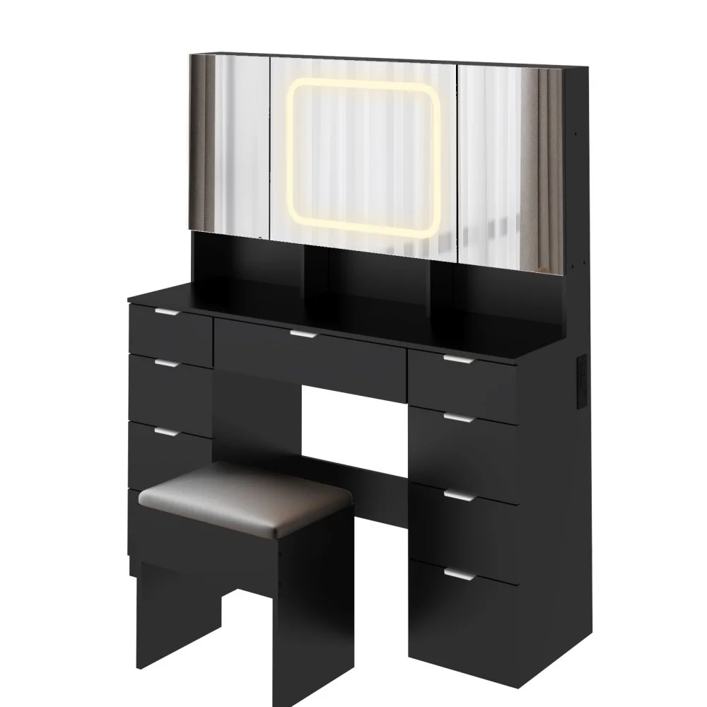 Vanity Desk Set with Large LED Lighted Mirror Power Outlet, Makeup Dressing Table with 9 Drawers and 3 Cabinets in Mirrored Doors, 47" Vanity Table with Cushioned Stool for Bedroom, Black(Black) - Image 9