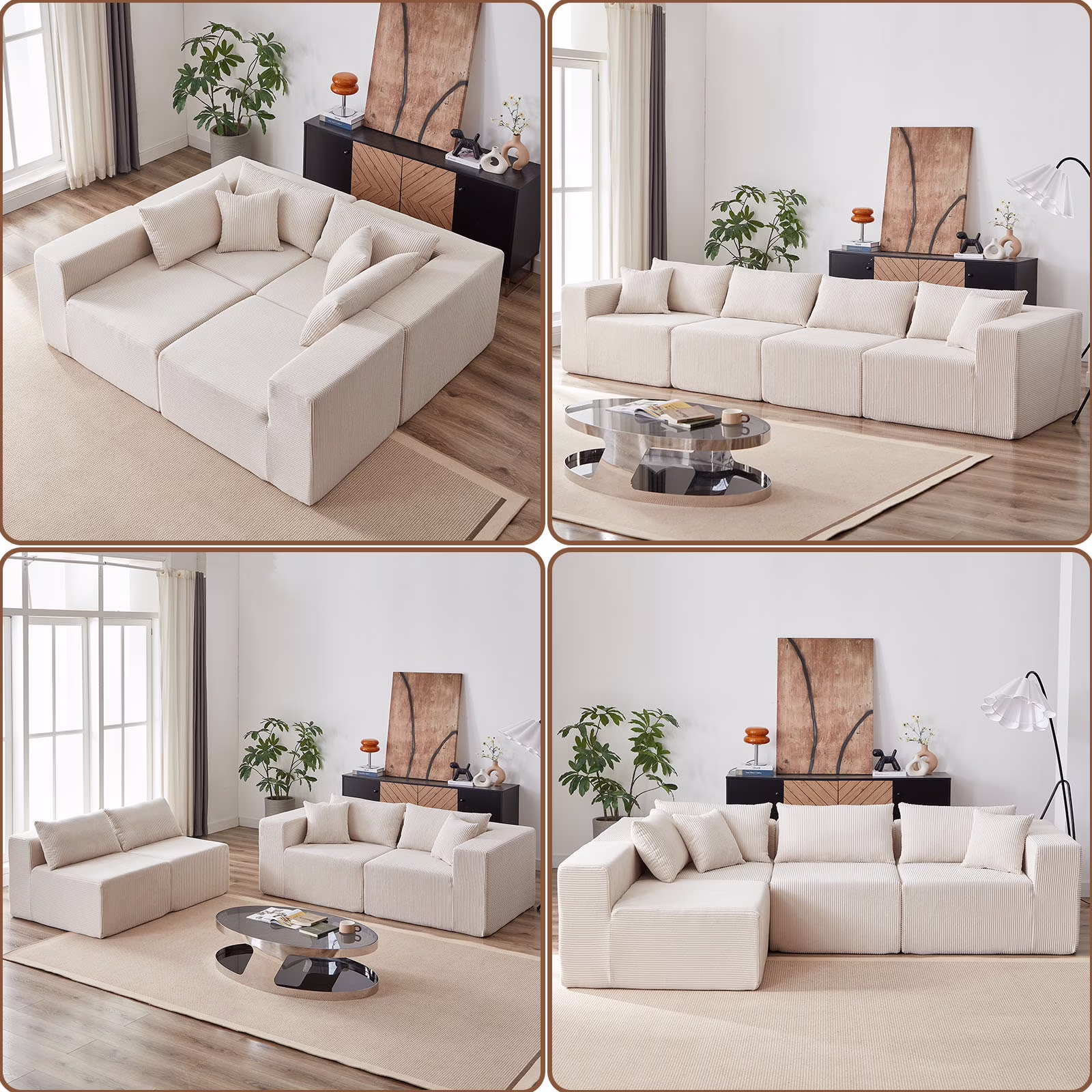 104-Inch Corduroy Modular L Shaped Sectional Sofa,Luxury Floor Couch Set,Upholstered Indoor Furniture,Foam-Filled Compressed Sofa for Living Room,Bedroom,4 PC Free Combination ?(Beige + Corduroy)