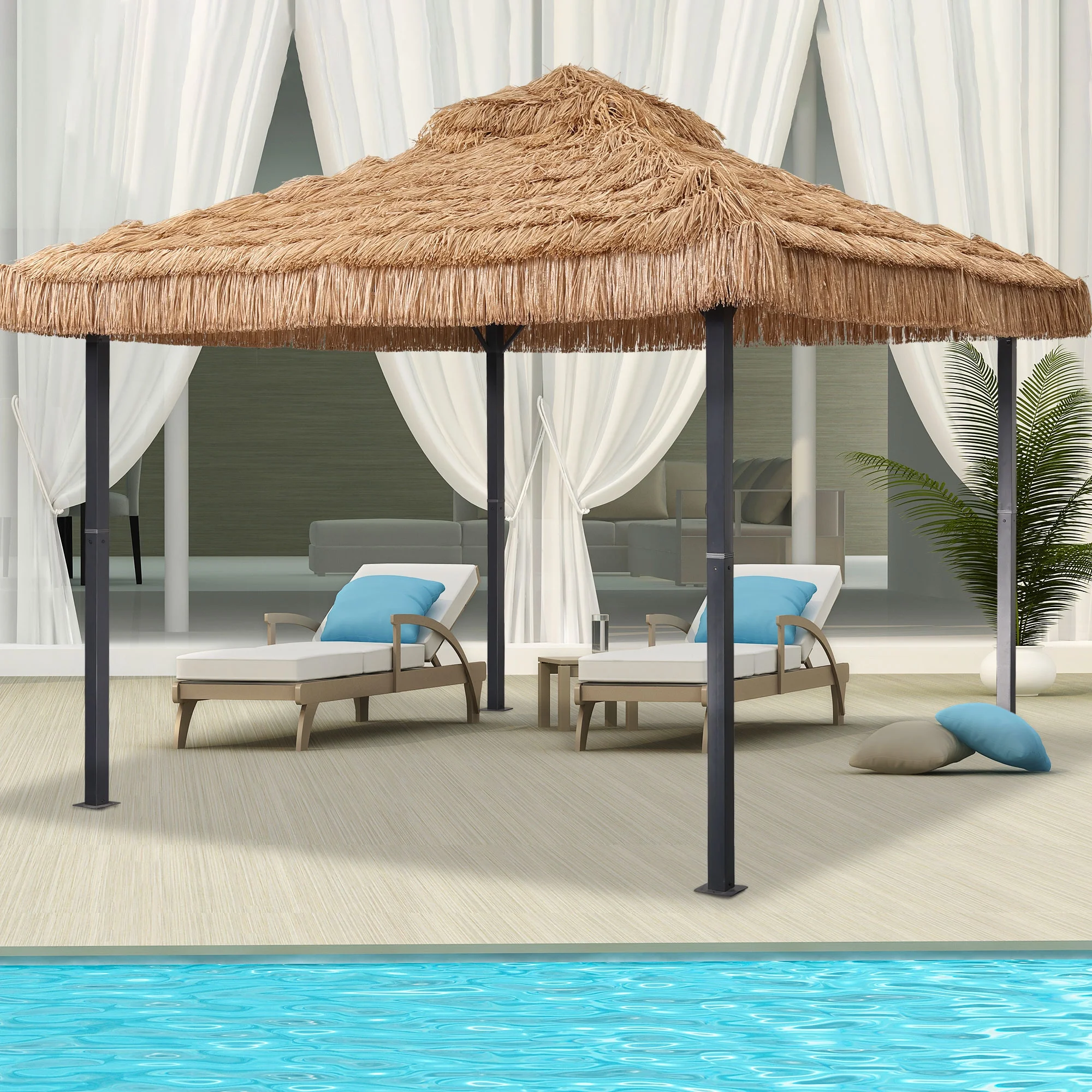 Ainfox 10x10 Thatched Tiki Pavilion Gazebo, Patio Gazebo with Straw Thatch Roofing, Hawaiian Style Steel Frame