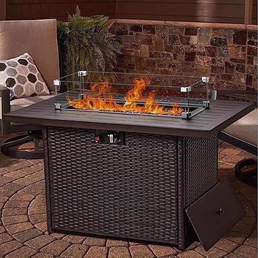 44" Propane Gas Fire Pit Table, 55000 BTU Rectangular Fire Pit with Glass Wind Guard for Outside Patio Deck Garden Backyard(Brown-Glass Top) - Image 7