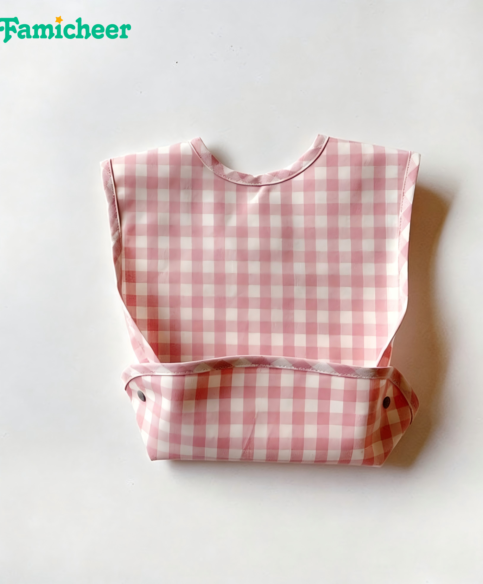 Waterproof Coated Fabric Infant Bib Gingham Plaid Sleeveless Design Detachable Crumb Catcher Baby Bib for Baby Self Feeding Time