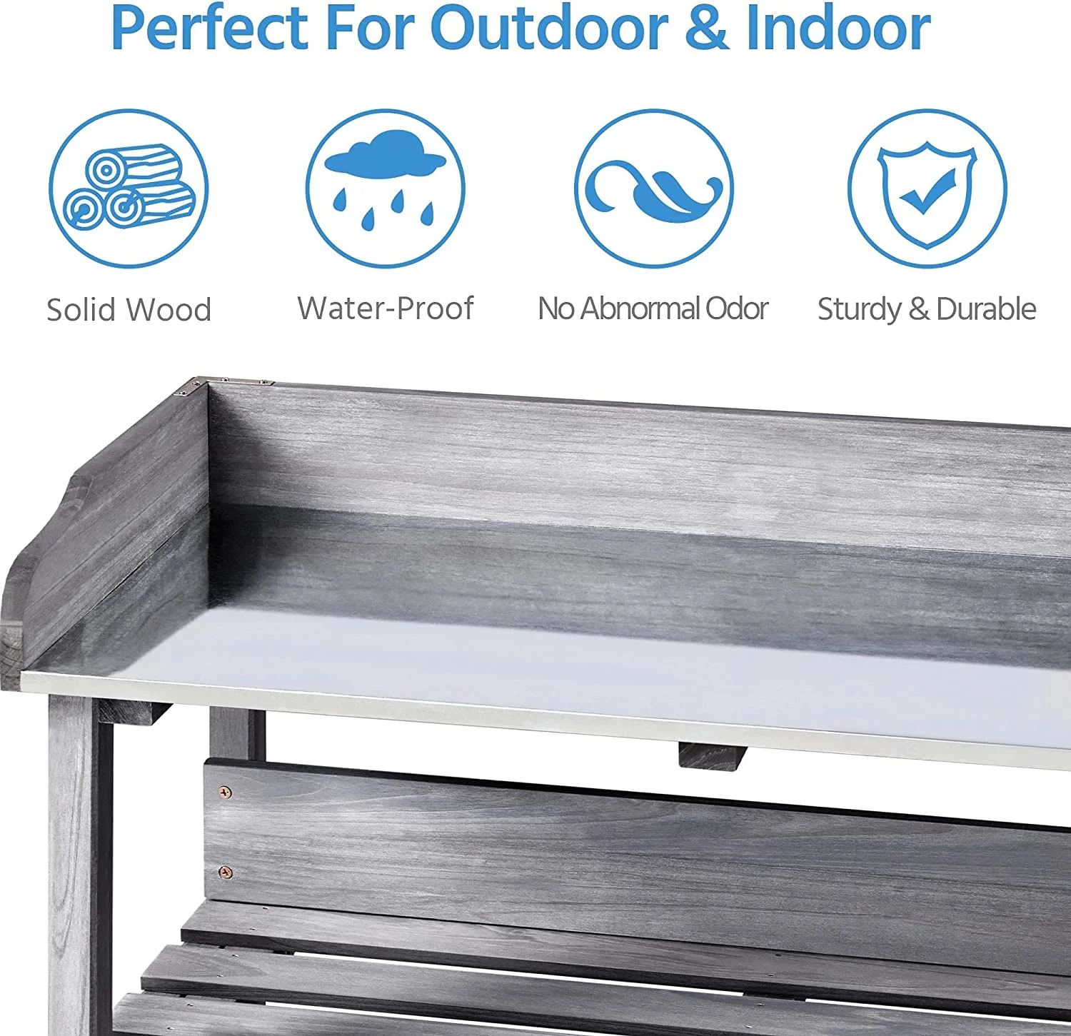 Garden Potting Table Horticulture Potting Bench w/Storage Shelf W/Metal Tabletop w/Hook 3 Shelves Workstation Work Benches Station, Gray - Image 7