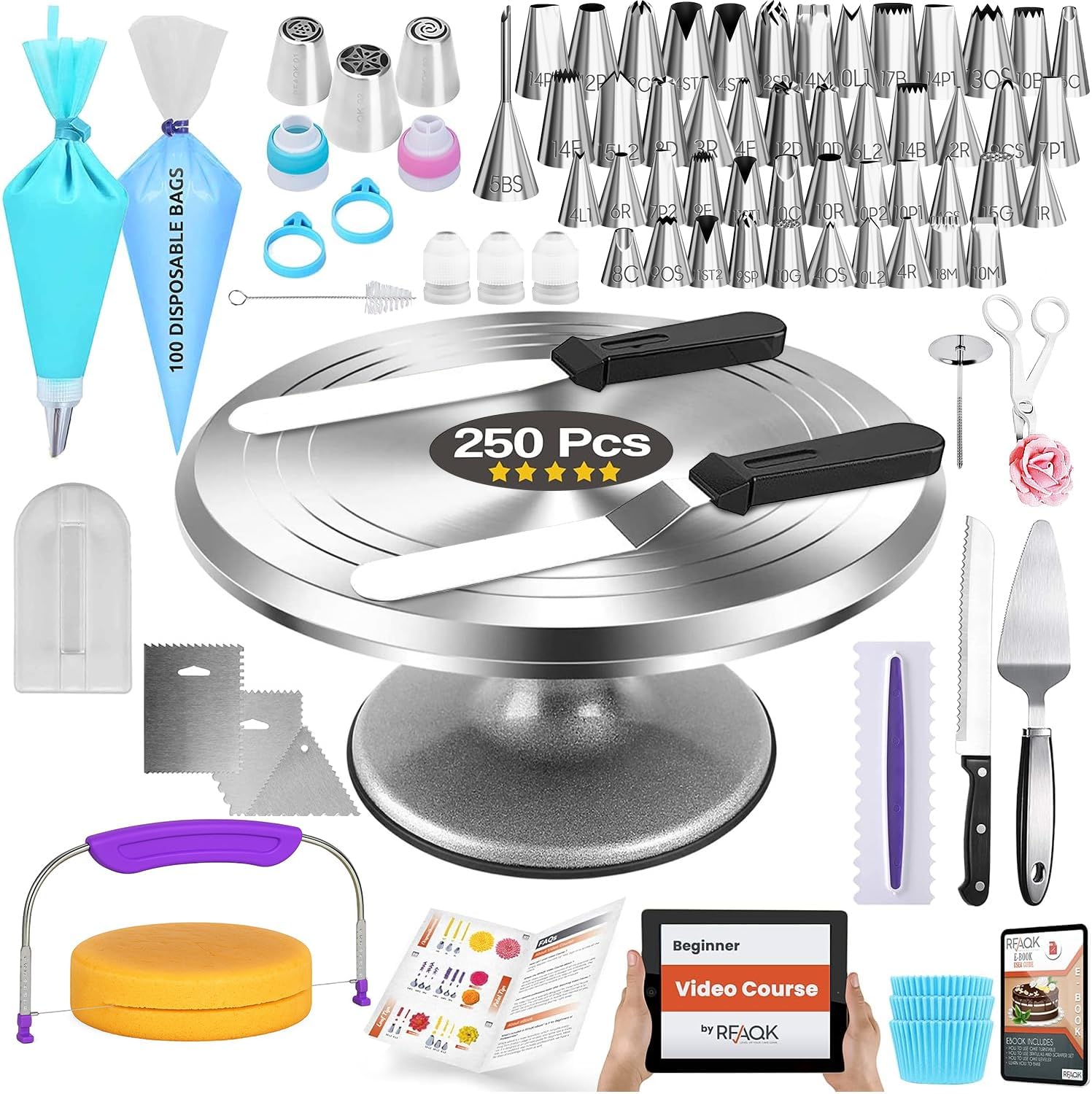 RFAQK 250 PCs Aluminum Cake Decorating Tools Kit with 12