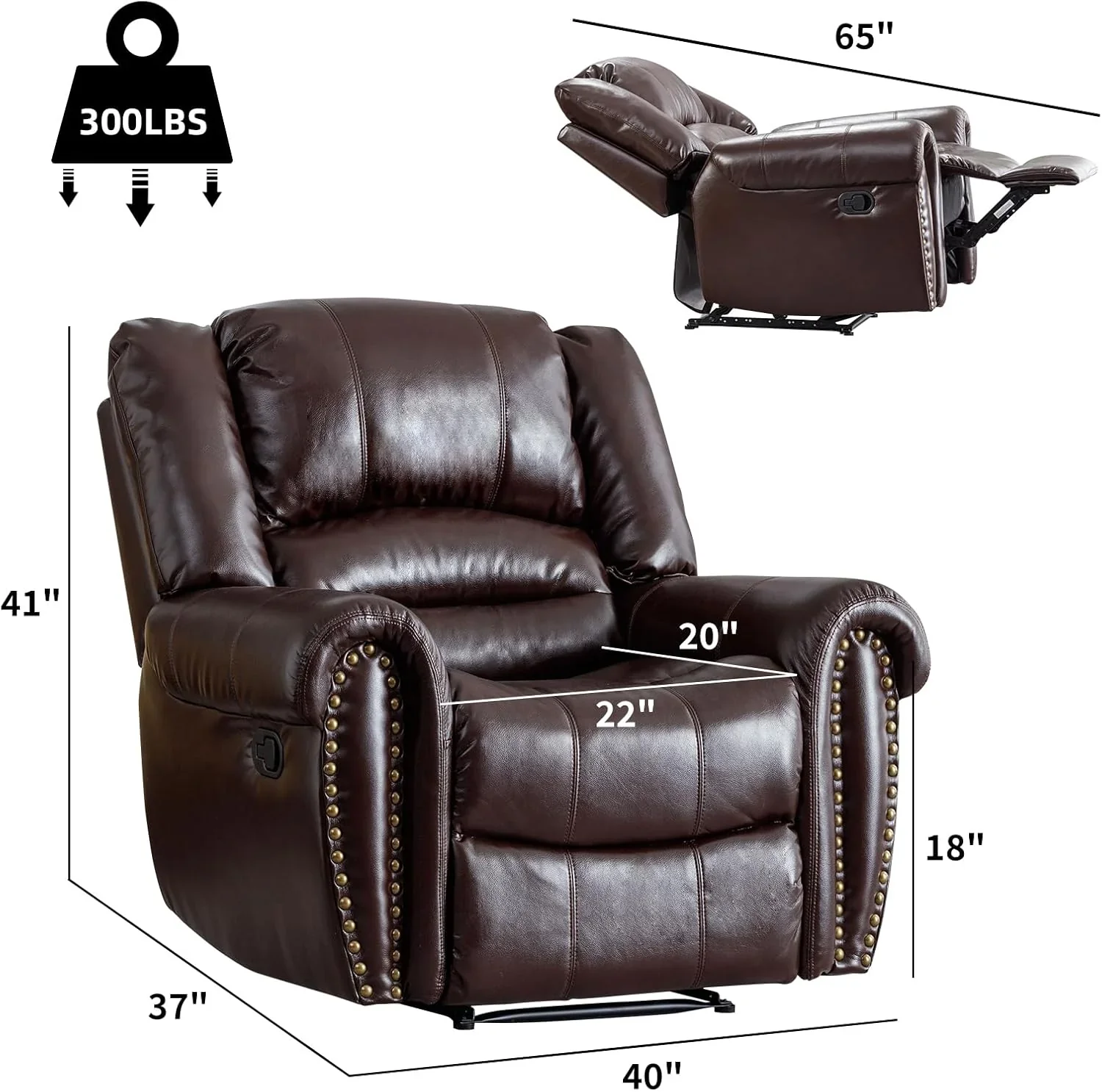 CANMOV Leather Recliner Chair, Classic and Traditional Manual Recliner Chair with Comfortable Arms and Back Single Sofa for Living Room, Nut Brown